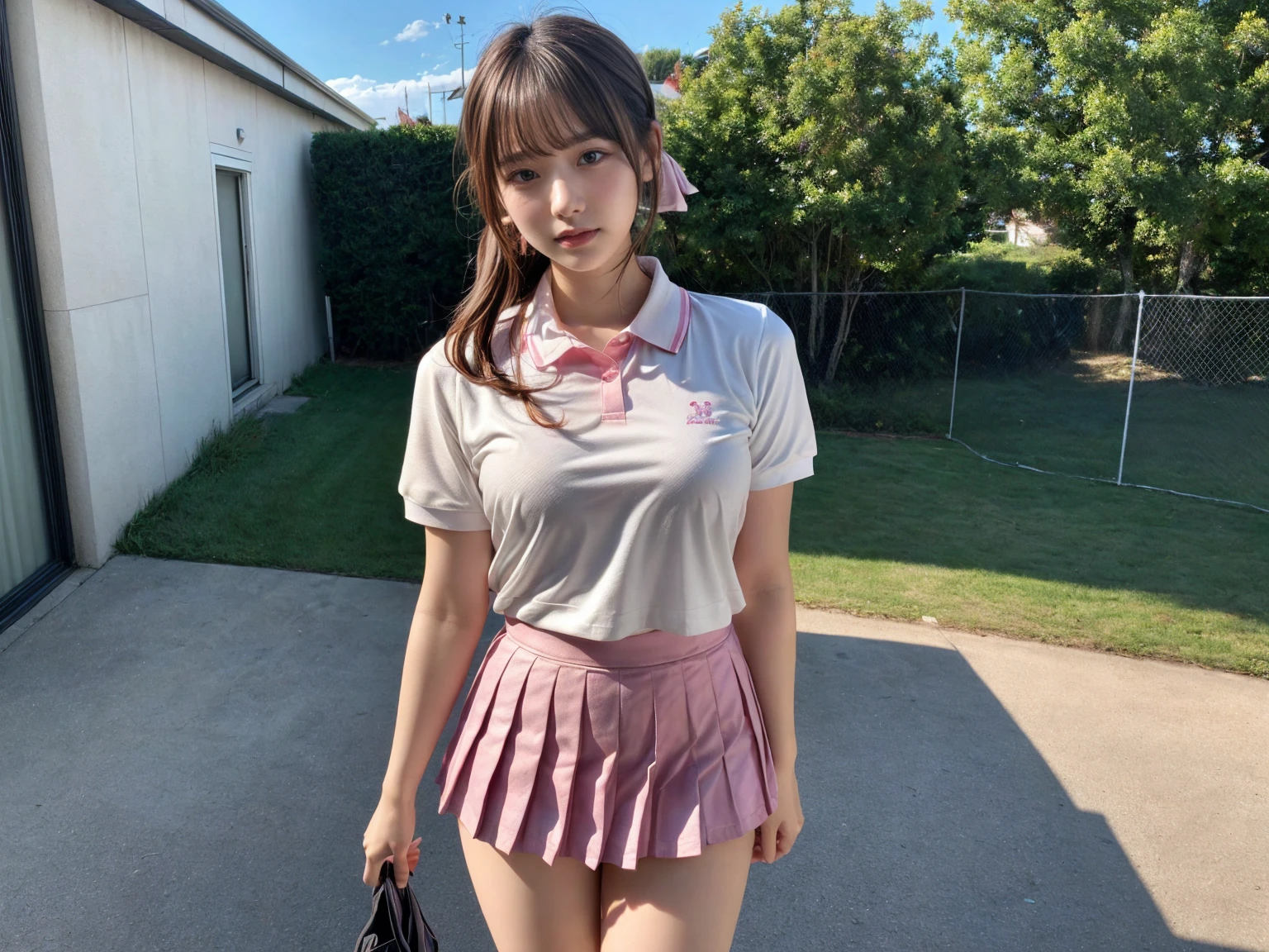(((Small))),Side Shot,masterpiece, highest quality, High resolution, wallpaper, Realistic, Bright lighting, Professional Lighting, Face Light, Smooth lighting, Japanese Girls, ((Whole body 1.4)),Are standing, cute, smile, beautiful girl, gravure, sexy, so beautiful, Beautiful Skin, Beautiful and detailed、Detailed face、slim、Moderate, short hair, Blonde Hair, Brown Eyes, View your viewers,Golf player costume,mini skirt,On all fours、knee up.Pink Panties,Panty Shot,Small,Bare legs,