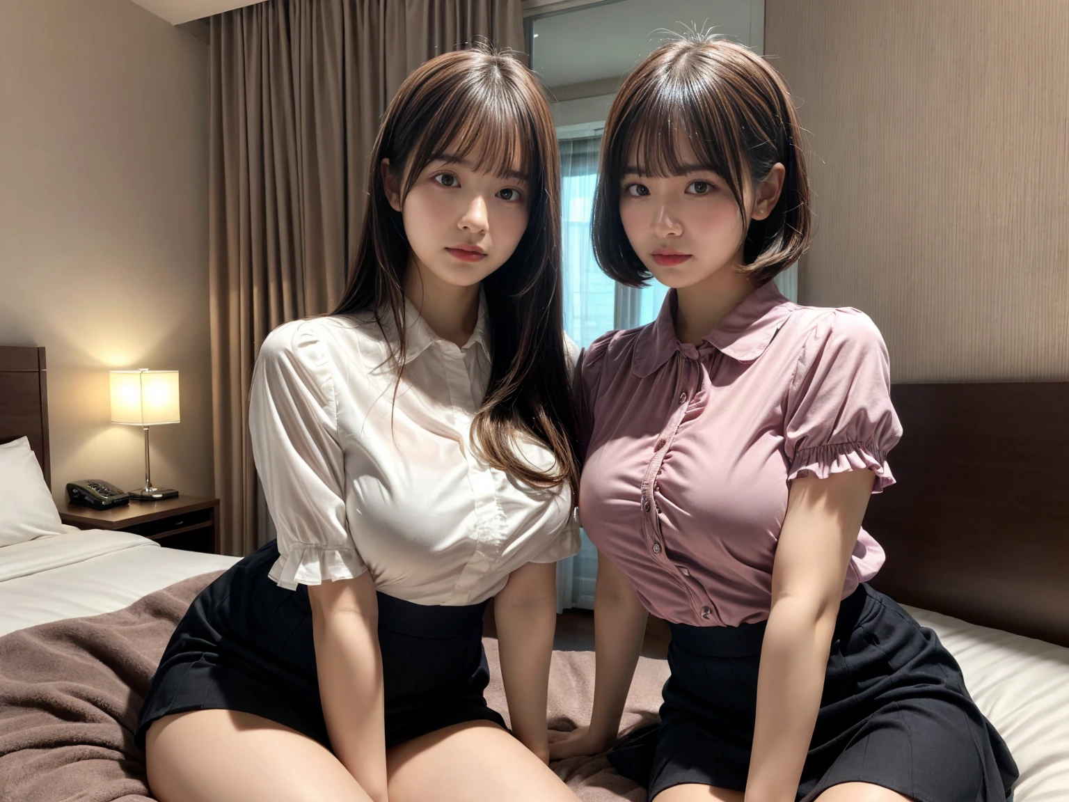 masterpiece, best quality, illustration, Super detailed, fine details, High resolution, 8K,wall paper, perfect dynamic composition,(Details High quality, realistic depiction of eyes:1.3), (2 girls), pink frilled shirt blouse, Black Frilled skirt, sitting, open legs, short bob hair, in a hotel room in the background, deep on field, large breasts, black hair color, Big Natural Color Lip, (perfect body shape), crying a little、Harajuku style、20 year old girl、cute type、beautiful legs, Gravure Idol