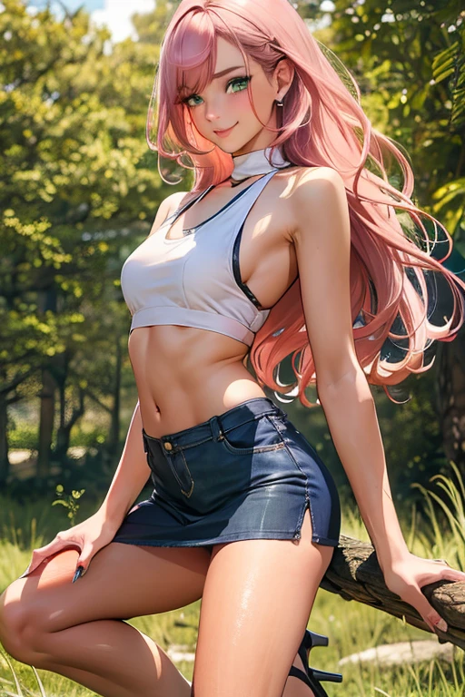 Best Picture, Masterpiece, 4K, High Quality, One Adult
Woman. The woman has pink hair. Her hair is bobbed, wavy. Long slit eyes, green eyes,
Model like beauty, perfect proportions. Perfect legs. Perfect arms. Tank top and tight mini skirt. High heels.
(A woman stands in the grass in the forest.
She has a blush on her cheeks and a mischievous smile on her face.