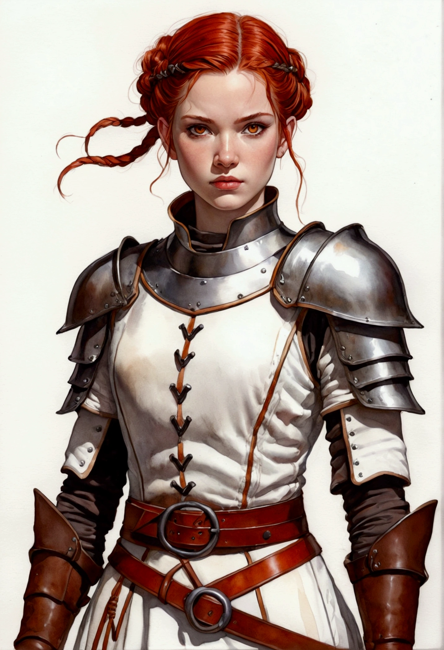 brown ink and watercolor, female medieval fantasy warrior, red hair, elegant braided updo, orange eyes, white gambeson without pauldrons, no shoulder protections, no pauldrons, brown leather gloves, metal articulated gauntlets, metal vambraces, brown leather belt, anthracite medieval baggy hose, red slashed breeches, brown leather boots with metal greaves. white, red, brown, black palette, anime concept art illustration, wonderland, Dynamic colors, fairy tale light, by Akihiko Yoshida, Hideo Minaba, 32k UHD