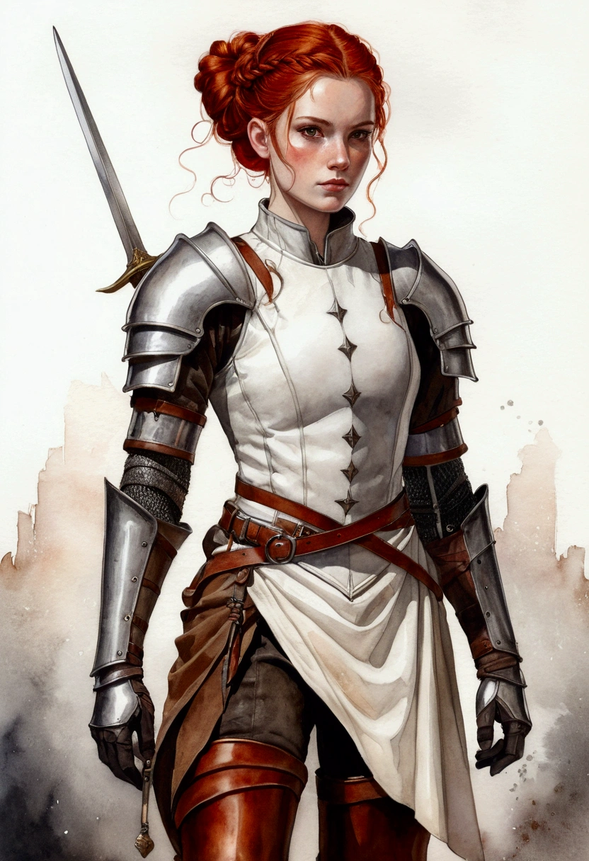 brown ink and watercolor, female medieval fantasy warrior, red hair, elegant braided updo, orange eyes, white gambeson without pauldrons, no shoulder protections, no pauldrons, brown leather gloves, metal articulated gauntlets, metal vambraces, brown leather belt, anthracite medieval baggy hose, red slashed breeches, brown leather boots with metal greaves. white, red, brown, black palette, anime concept art illustration, wonderland, Dynamic colors, fairy tale light, by Akihiko Yoshida, Hideo Minaba, 32k UHD