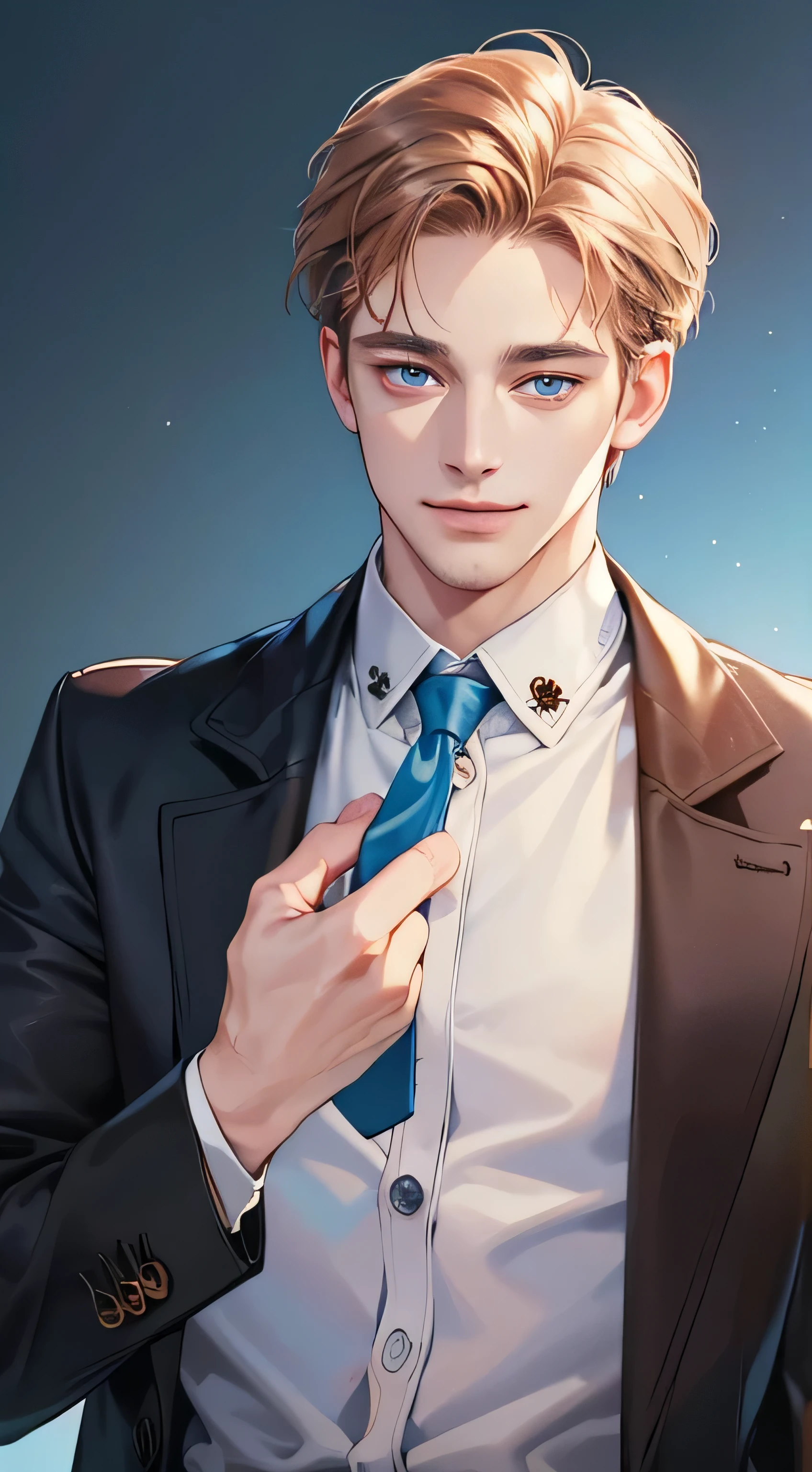 (best quality, masterpiece, 8K, Reality, Movie Lighting, 1:4 hdr images, Extremely detailed, Beautiful images), A mature man, 34 years old is handsome, ((Cold expression love smile)), short ash brown hair, blue eyes, Flawless face, ((Buttoning his jacket, CEO))