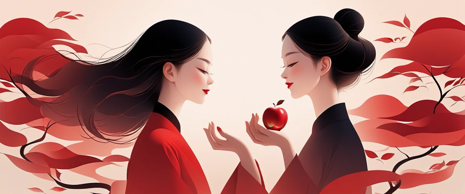 vector,Flat form,illustration,The Minimalists,数字艺术illustration,Apple Tree下,Couple,2 people,Back to Back,Smile,Unique,Black long hair,Pretty Face,portrait,Shoulder,Beautiful hands,It is artistic conception,Abstract,Red hue,Apple Tree,Rose,Red Apple