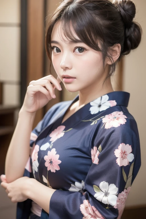 (alone、1. Japanese women:1.2), Light brown hair, (Single hair bun:1.1), yukata、Center of chest, Ultra-fine face, Great writing、Thin face, Delicate lips, (Beautiful Eyes:1.3), ((Embarrassing:1.3)), blush with embarrassment, (Looking into the camera:1.3)、Please place your hand on your chest、8k, Very detailed, high quality, 最high quality, High resolution