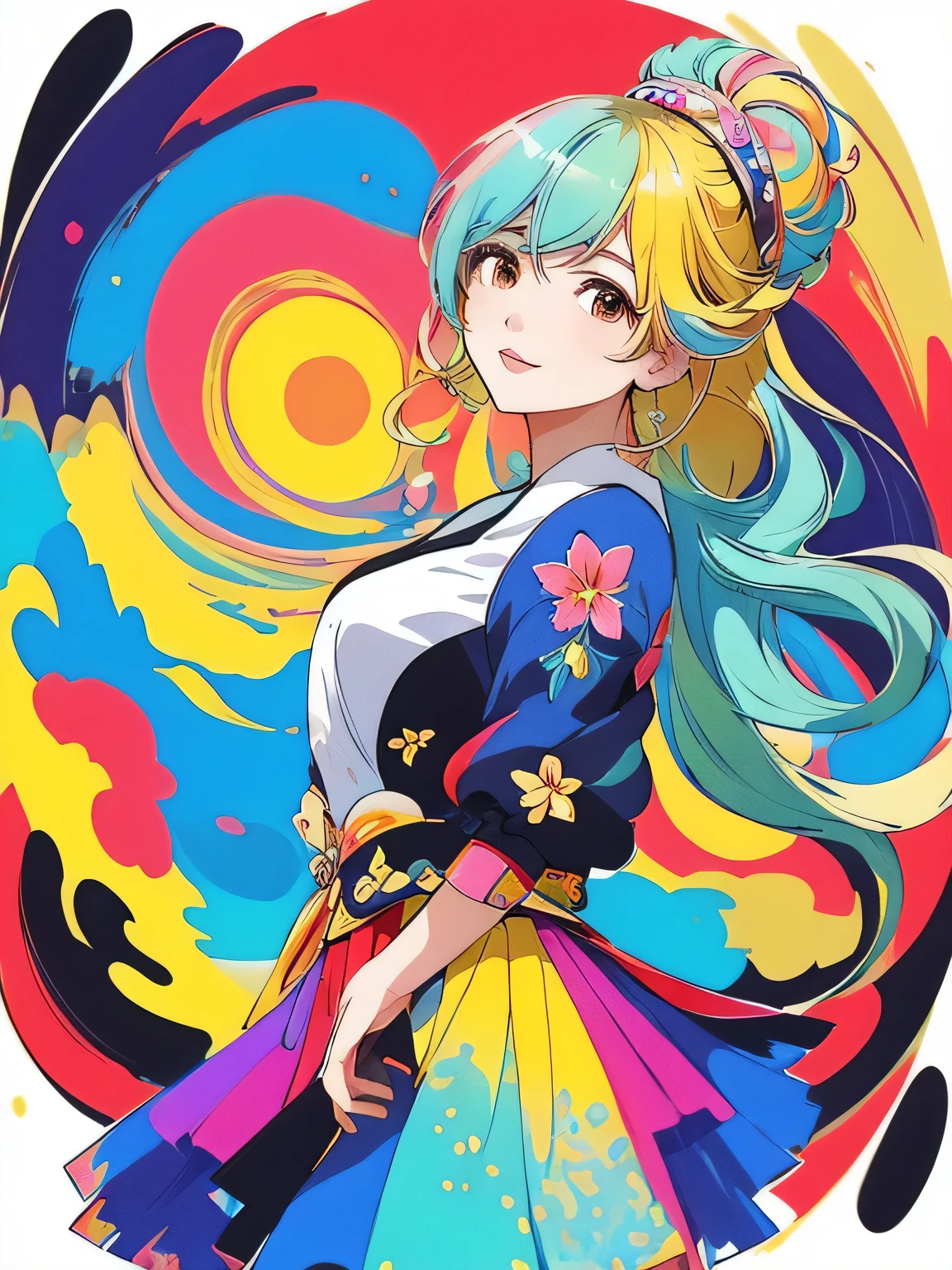 masterpiece, best quality Mika Pikazo style, Simple Line Initialism，Abstract art，Urban Background, (((The most beautiful girl of all time))), Sweet face. Lips in love, colorful hearts, stylish design, 夏のオシャレなTシャツ, 黒い瞳