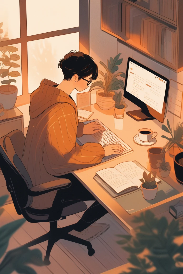 Person sitting at desk, Working with a laptop. There is a coffee cup on the desk, Some books, Potted plants. The background is a cozy home office with warm lighting.