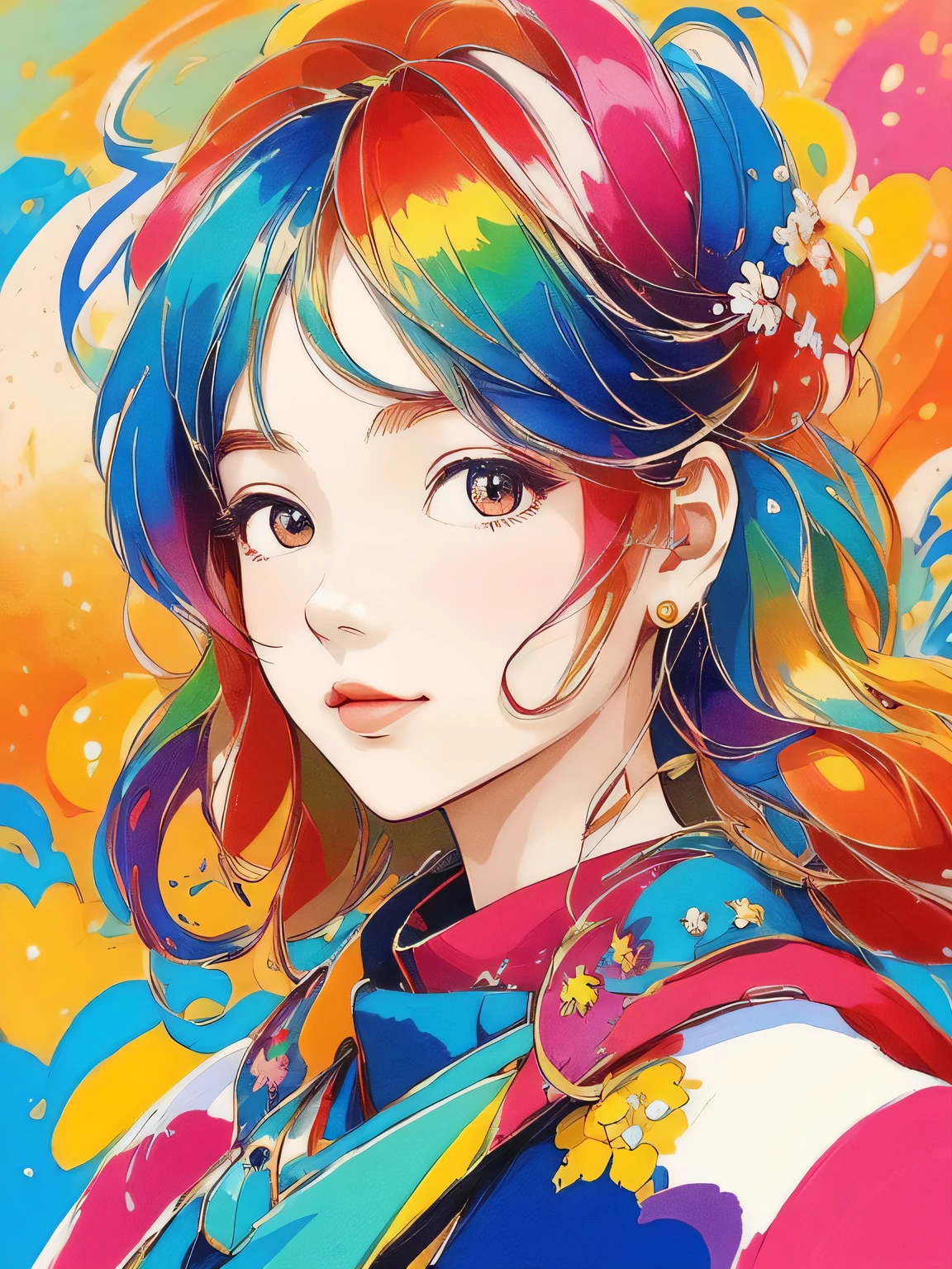 masterpiece, best quality Mika Pikazo style, Simple Line Initialism,Abstract art,Urban Background, (((The most beautiful girl of all time))), Sweet face. Lips in love, colorful hearts, stylish design, 夏のオシャレなTシャツ, 黒い瞳