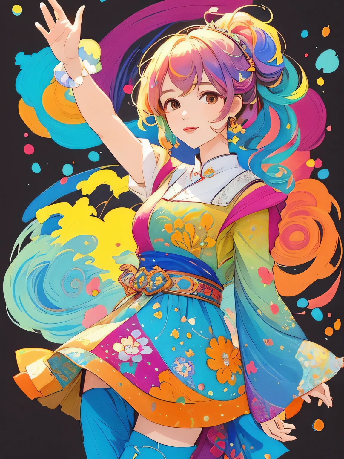 masterpiece, best quality Mika Pikazo style, Simple Line Initialism,Abstract art,Urban Background, (((The most beautiful girl of all time))), Sweet face. Lips in love, colorful hearts, stylish design, 夏のオシャレなTシャツ, 黒い瞳