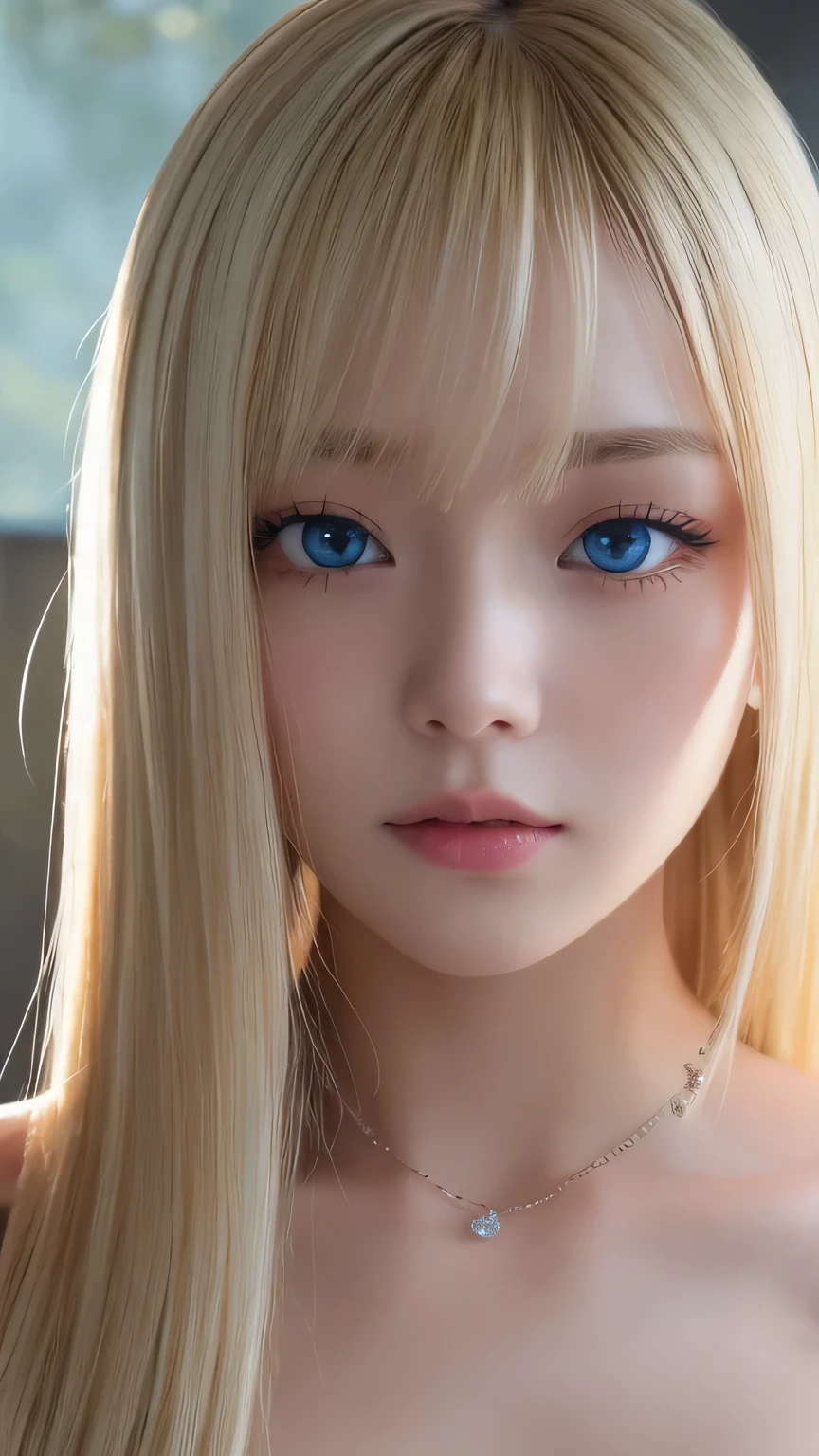 Realistic、Super Adoption、ung idol girl、Gazing into the distance、date、Round and young々Shii々Shii々Shii々Shii々funny Face、Bangs between the eyes、Accessories Full、necklace、big, clear, bright light blue eyes、Very big eyes、Long eyelashes、Big Breasts、Narrow waist、light makeup、Beautiful Teeth、Embarrassed look。Shiny blonde hair、Super long, straight, silky platinum blonde hair、Beautiful girl with small face、Gloss Cheek Highlight、Browsing Caution,naked、(((naked, Perfect detail, Very detailed))),Show me your pussy、Random Pause