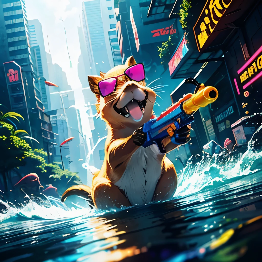 A masterpiece. A dazzling flash of water swells like a psychedelic tornado. A cute smiling capybara wearing sunglasses holds a water gun and casts a water spell. 1. Cyberpunk spell swirl flash. A comical touch.