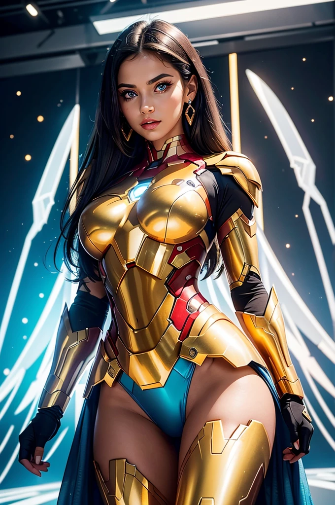 (wide shot)(full body shot)Full-length hyper realistic cosplay photograph of a beautiful woman, 20 years old,as
- Shimmering, shining armor themed by Iron Man
- Golden, shiny skin
- Glowing blue eyes
- Transparent, polished armor
- One arm stretched upwards
- Movements elegant on a covention stage, perfect athletic body, very black hair, ((light and bright blue eyes)), small earring in right ear, very long eyelashes, sensual lips, provocative and expression. big breasts, ,realistic, real face, hyper realsitic, influencer, insta influencer, beautiful, sexy, pretty