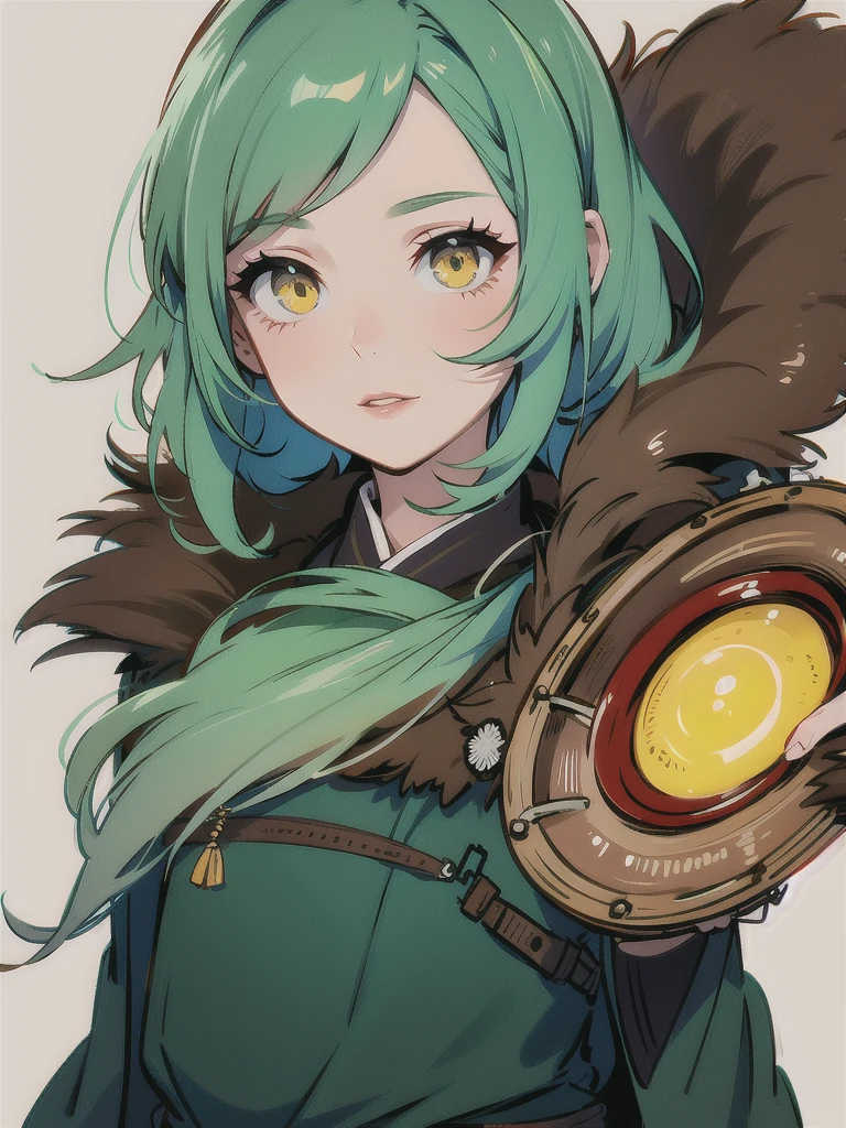 woman, green hair, yellow eyes