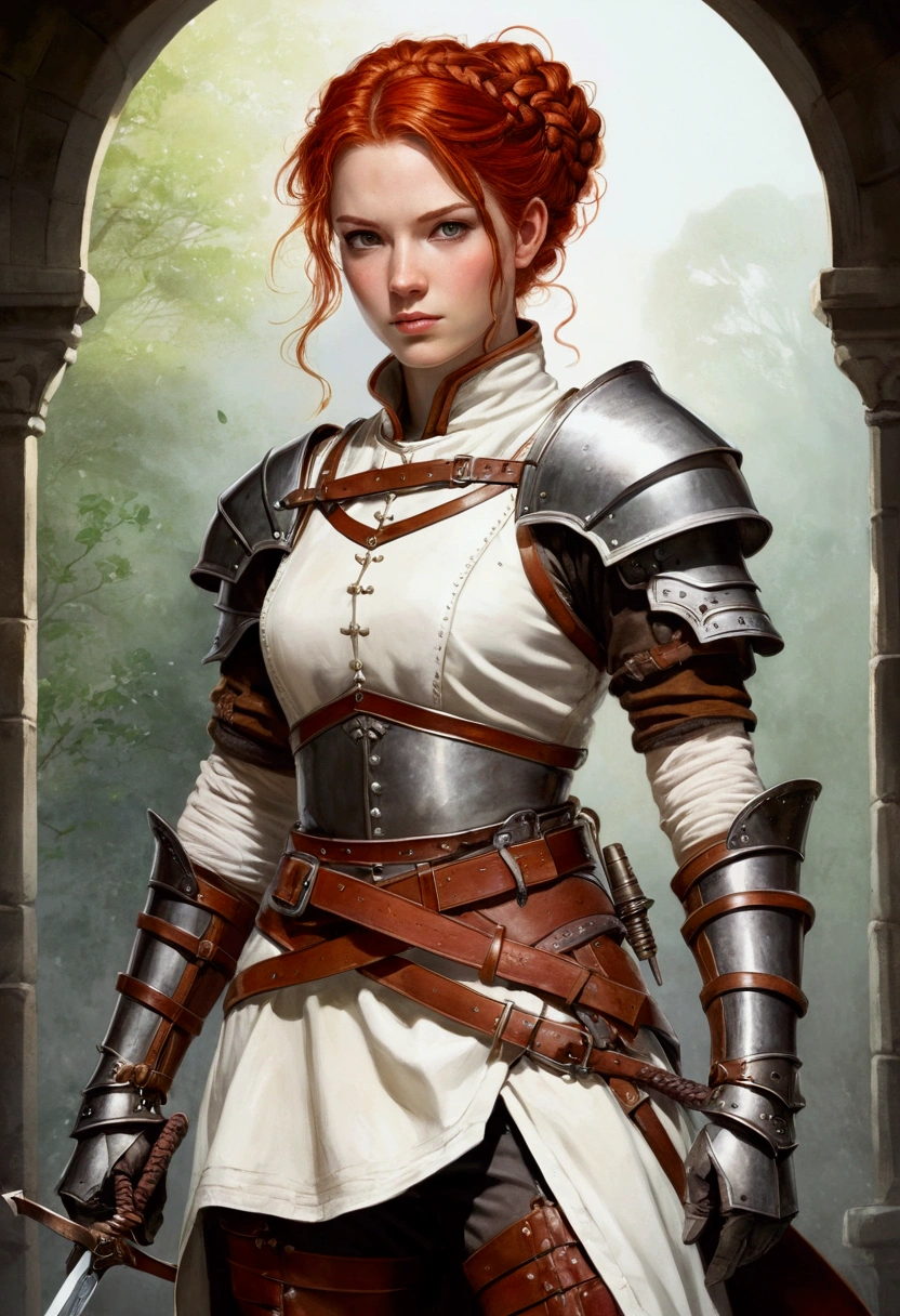 brown ink and watercolor, female medieval fantasy warrior, red hair, elegant braided updo, orange eyes, white gambeson , brown leather gloves, metal articulated gauntlets, metal vambraces, brown leather belt, anthracite medieval baggy hose, red slashed breeches, brown leather boots with metal greaves. white, red, brown, black palette, anime concept art illustration, wonderland, Dynamic colors, fairy tale light, by Akihiko Yoshida, Hideo Minaba, 32k UHD