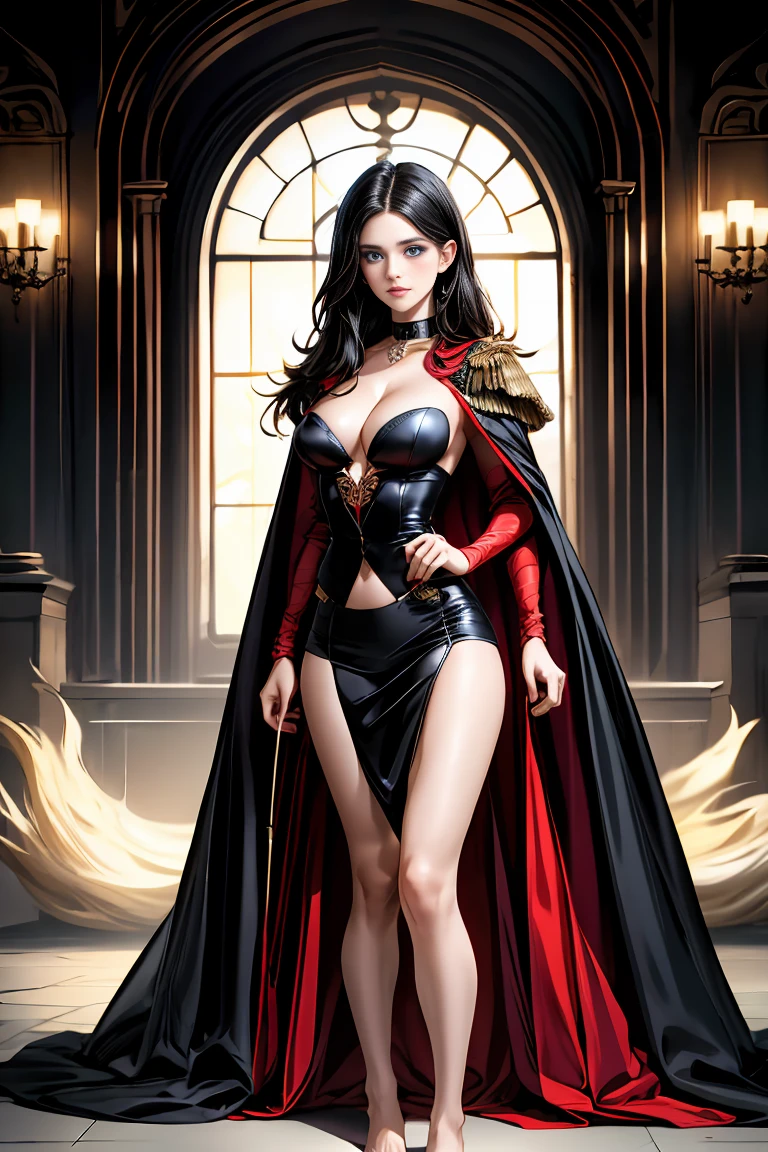 masterpiece, 最high quality, high quality, 1 girl, alone, Female focus, Watching the audience, Messy black hair, Adorable big blue eyes, White people, Noble, Noble,Sexy voluminous black and red cape、Tuxedo、A very voluminous, large, very large, very large, long, long red and black cape with a high stand-up collar, reaching down to the floor, made of a lot of fabric., ,Cute beautiful girls,Cute, cute, kind, pretty girl