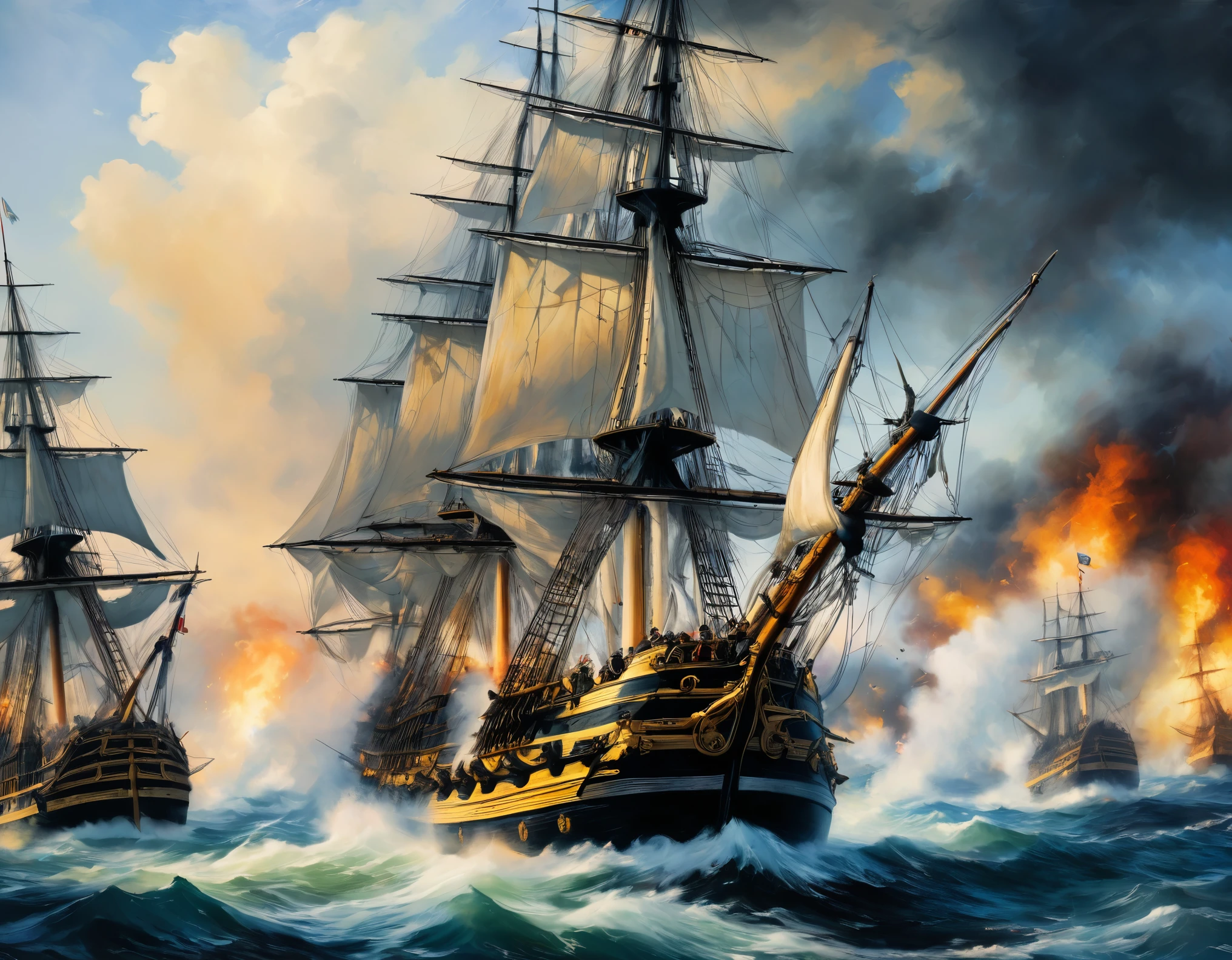 (8k, Highest quality, masterpiece)，{Realistic, RAW Photos, Super Fine Clear, Impressionist painting, (Impressionist paintingの影響を受けた, Battle of Trafalgar:1.6)}, Medieval naval battles,, Deadly Combat, Fierce Battle, Heat,, Vibrant