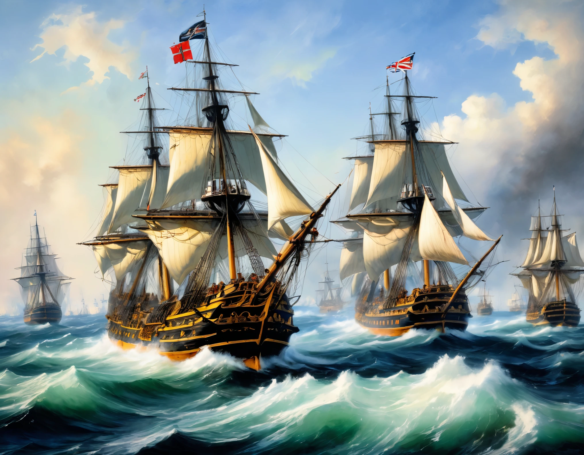 (8k, Highest quality, masterpiece)，{Realistic, RAW Photos, Super Fine Clear, Impressionist painting, (Impressionist paintingの影響を受けた, Battle of Trafalgar:1.6)}, Medieval naval battles,, Deadly Combat, Fierce Battle, Heat,, Vibrant