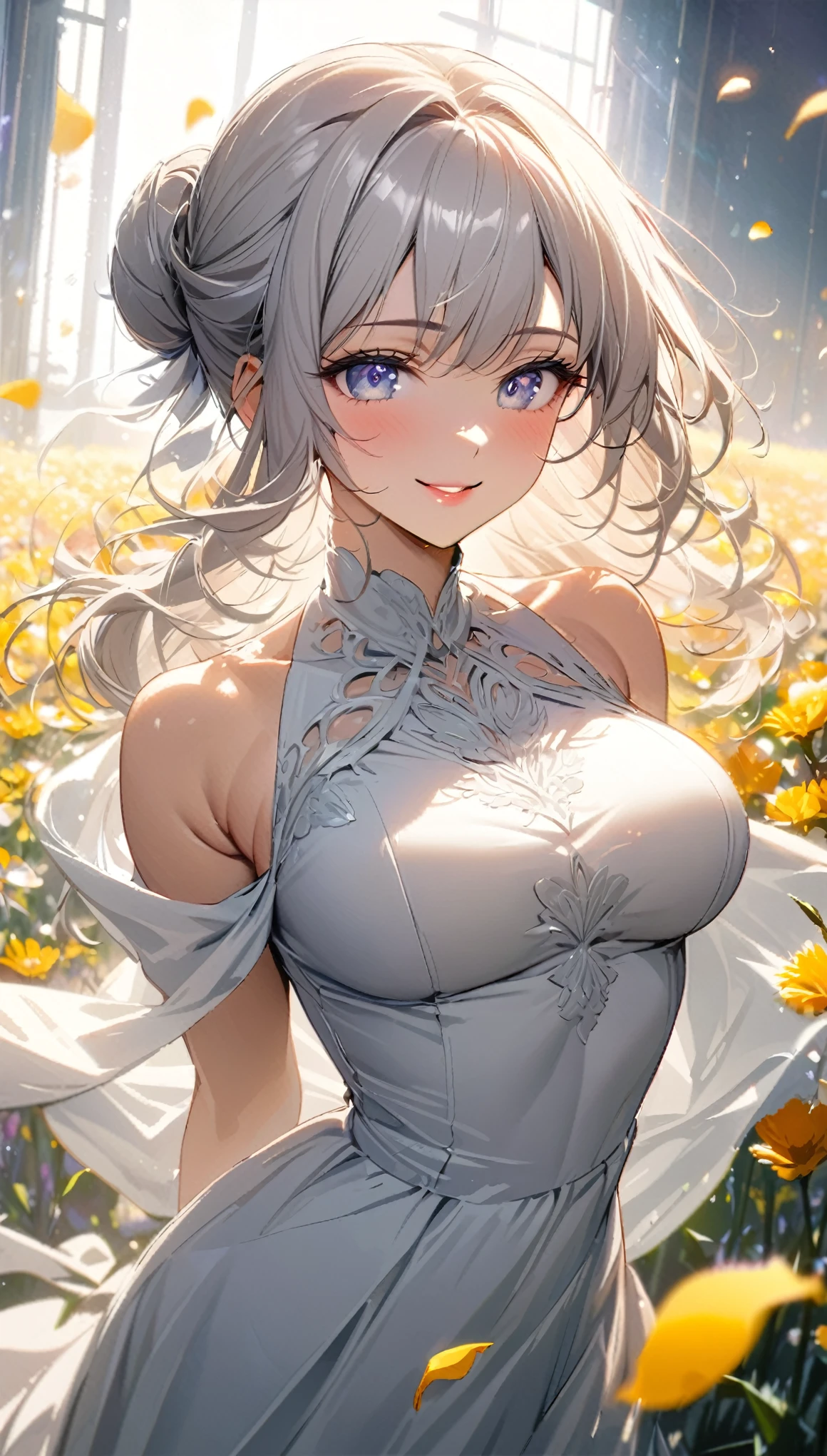 best quality, high-resolution,ultra-detailed,portrait, intricate white long dress, ((modest dress)), standing,flowers field,silver long hair,bun hair,smiling woman,close up to abs, ((moderate breast)), beautiful detailed eyes,beautiful detailed lips,flower petals on air,bare shoulders,vivid colors,studio lighting,soft sunlight, happy face, ((cleavages:0.6)), half body, medium shot