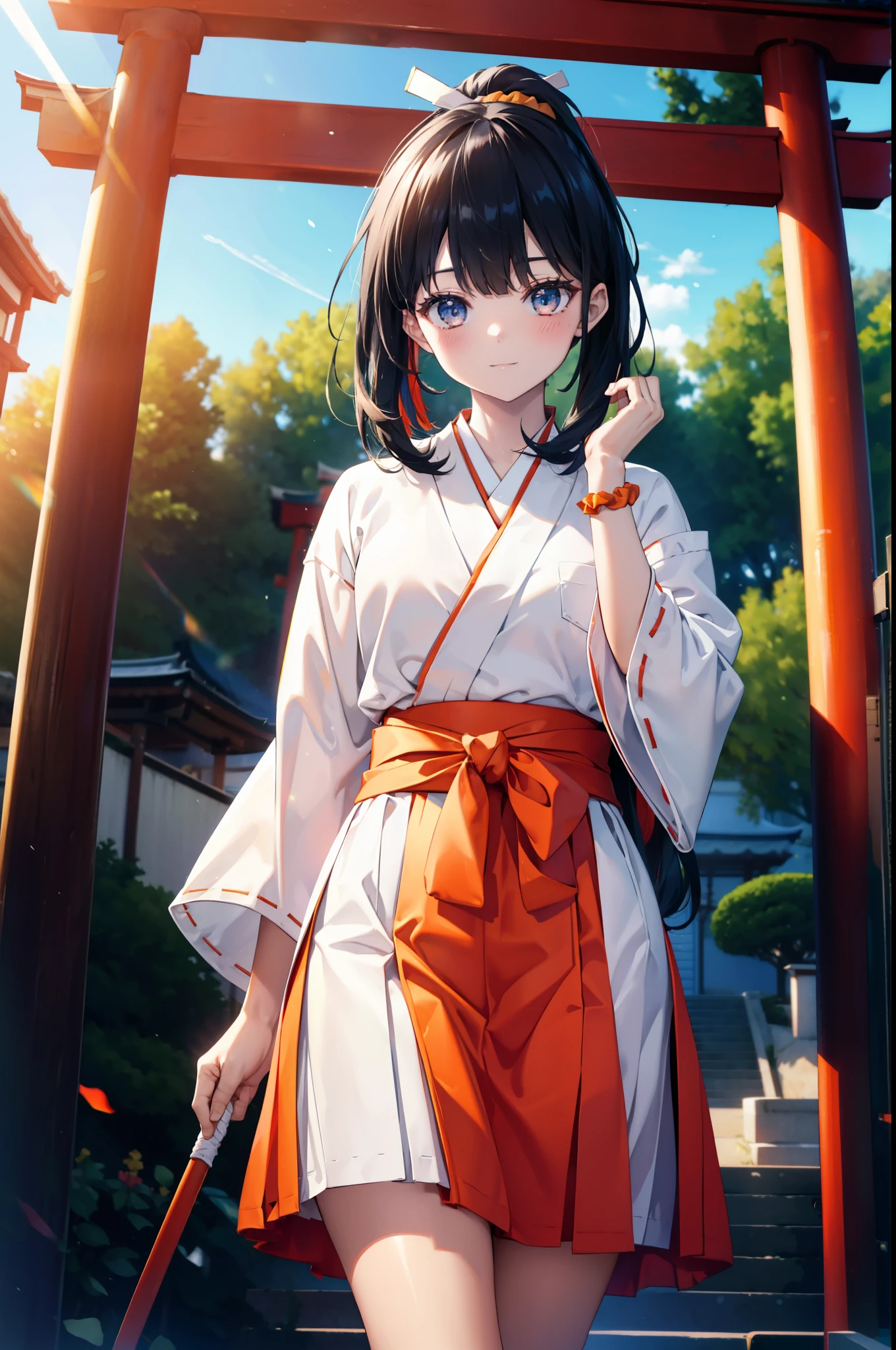 Rikka body,  Black Hair, blue eyes, Long Hair, orange Scrunchie, Scrunchie, wrist Scrunchie,smile,blush,White Kimono, kimono,Red Hakama,White tabi,Sandals Wide Sleeve, Long sleeve, Ribbon-trimmed sleeves,  Blunt bangs, Low ponytail, Are standing,whole bodyがイラストに入るように,sunset,evening,The sun is setting,
break outdoors, shrine,torii,
break looking at viewer, whole body, (Cowboy Shot:1. 5),
break (masterpiece:1.2), Highest quality, High resolution, unity 8k wallpaper, (figure:0.8), (Beautiful attention to detail:1.6), Highly detailed face, Perfect lighting, Highly detailed CG, (Perfect hands, Perfect Anatomy),