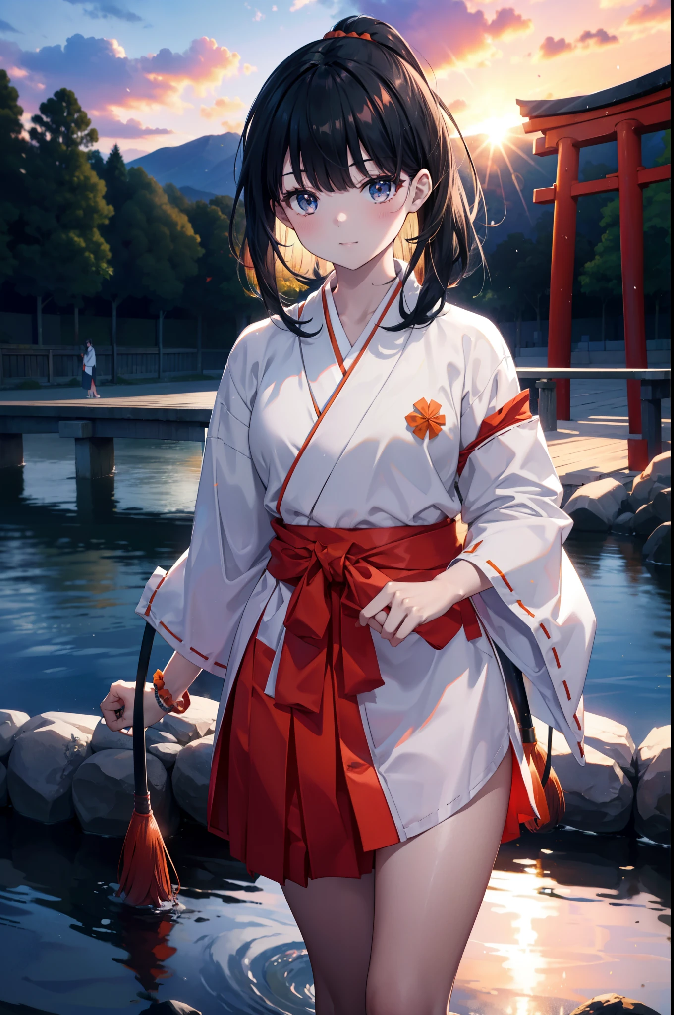 Rikka body,  Black Hair, blue eyes, Long Hair, orange Scrunchie, Scrunchie, wrist Scrunchie,smile,blush,White Kimono, kimono,Red Hakama,White tabi,Sandals Wide Sleeve, Long sleeve, Ribbon-trimmed sleeves,  Blunt bangs, Low ponytail, Are standing,whole bodyがイラストに入るように,sunset,evening,The sun is setting,
break outdoors, shrine,torii,
break looking at viewer, whole body, (Cowboy Shot:1. 5),
break (masterpiece:1.2), Highest quality, High resolution, unity 8k wallpaper, (figure:0.8), (Beautiful attention to detail:1.6), Highly detailed face, Perfect lighting, Highly detailed CG, (Perfect hands, Perfect Anatomy),