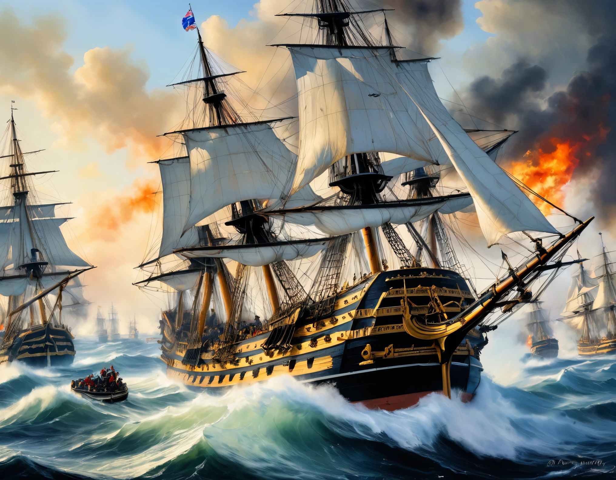 (8k, Highest quality, masterpiece)，{Realistic, RAW Photos, Super Fine Clear, Impressionist painting, (Impressionist paintingの影響を受けた, Battle of Trafalgar:1.6)}, Medieval naval battles, Battle of the British Navy and the Spanish Armada, Deadly Combat, Fierce Battle, Heat,, Vibrant