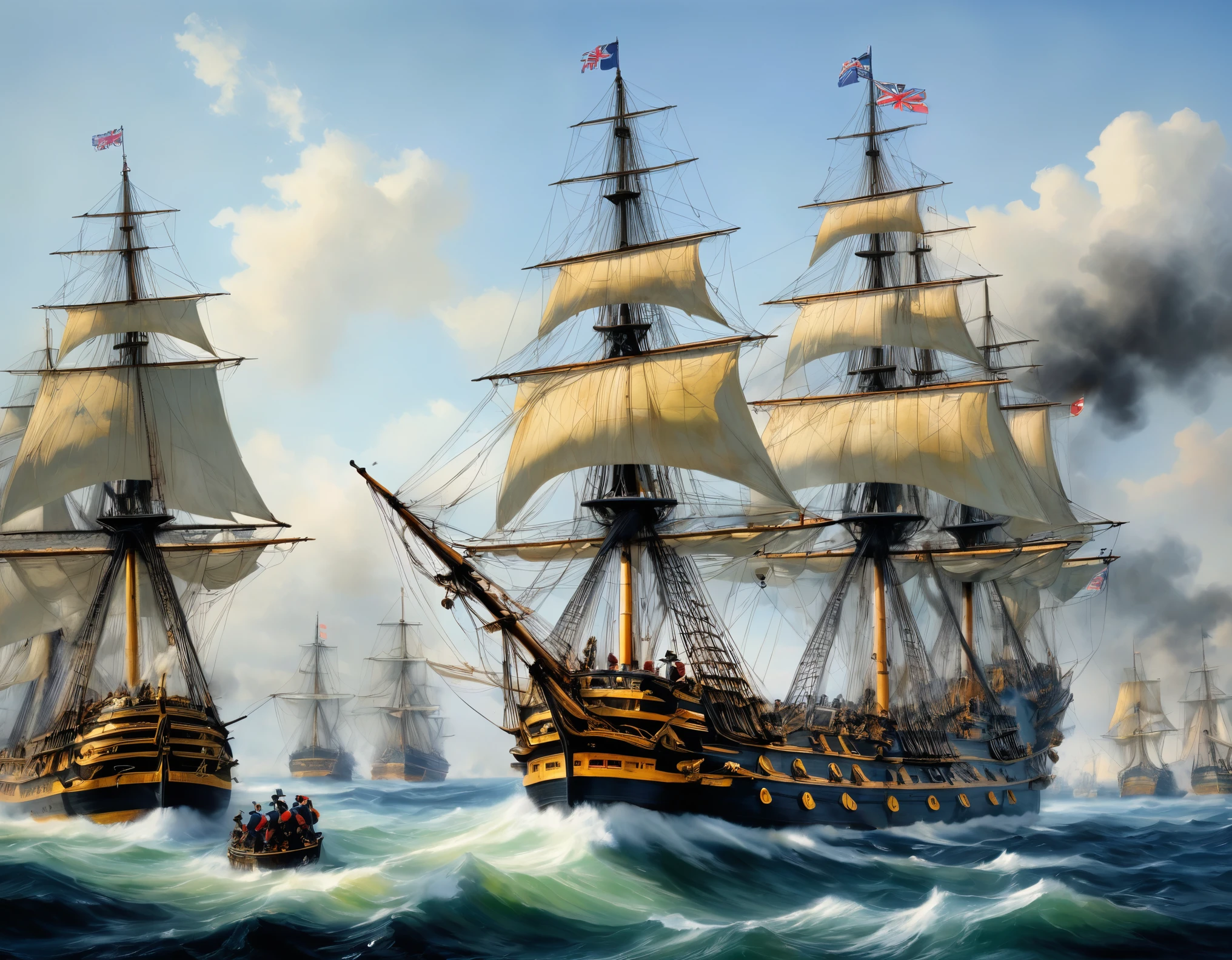 (8k, Highest quality, masterpiece)，{Realistic, RAW Photos, Super Fine Clear, Impressionist painting, (Impressionist paintingの影響を受けた, Battle of Trafalgar:1.6)}, Medieval naval battles, Battle of the British Navy and the Spanish Armada, Deadly Combat, Fierce Battle, Heat,, Vibrant