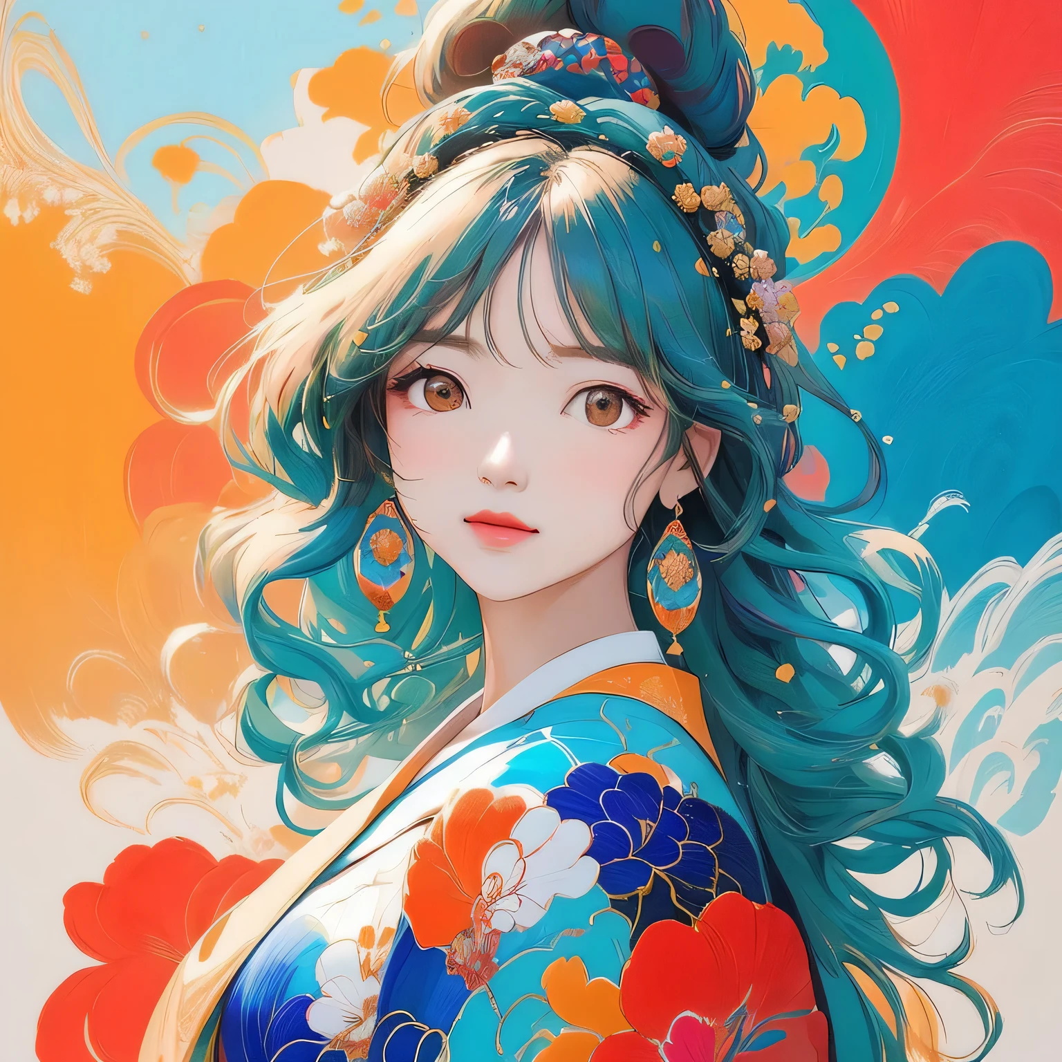 masterpiece, best quality Seizo Watase style, Simple Line Initialism,Abstract art,Urban Background, (((The most beautiful girl of all time))), Sweet face. Lips in love, colorful hearts, stylish design, 夏のオシャレなTシャツ, 黒い瞳