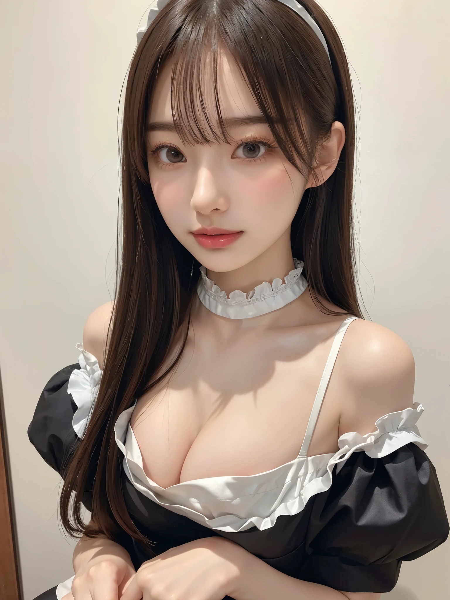 sleep with stuffed animals、Wear a costume、 masterpiece、One girl per photo、Thighs、stockings、whole bodyショット、Front view、Young and beautiful woman in Japan、Wearing a cute short-sleeved satin silver black maid outfit、With a big smile、White ruffled headband、White frilly apron、Black choker、Charming person、Very cute face、Glossy Lips、Sweaty body、Double eyelids on both eyes、 Natural Makeup、Long eyelashes、Long Bob Hair、Shiny and smooth light brown hair、Asymmetrical bangs、Sunburned skin、Center image、8k resolution、Advanced Details、Detailed hairstyle、Detailed face、Great cinema lighting、Octane Rendering、Vibrant、Ultra-realistic、Perfect limbs、Perfect Anatomy、Huge、whole body、Wide angle