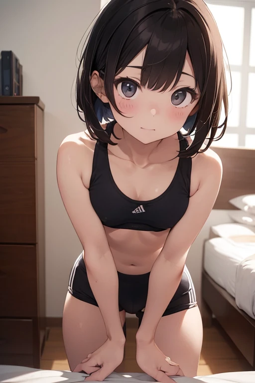 {best quality}, {very aesthetic}, {ultra-detailed}, {best illustration}, nsfw, Brown Hair、Bobcut、Bangs、Small breasts、Grey sports bra、Gray bloomers、girl、tall、、Anatomically correct、Hands Down Pose、Angle looking up from below、The whole body is visible、The background is a hotel room