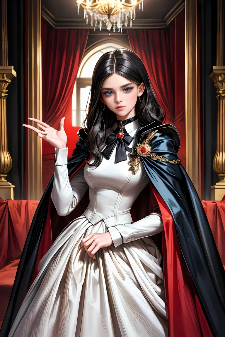 masterpiece, 最high quality, high quality, 1 girl, alone, Female focus, Watching the audience, Messy black hair, Adorable big blue eyes, White, Noble, Noble,A sexy, voluminous, puffy cape、tuxedo、A very voluminous, large, very large, very large, long, long red and black cape with a high stand-up collar, made of a lot of fabric that reaches down to the floor., 17 years old,Cute beautiful girls,Cute, cute, kind, pretty girl