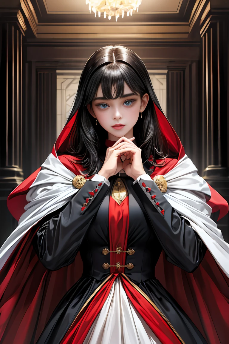 masterpiece, 最high quality, high quality, 1 girl, alone, Female focus, Watching the audience, Messy black hair, Adorable big blue eyes, White, Noble, Noble,A sexy, voluminous, puffy cape、tuxedo、A very voluminous, large, very large, very large, long, long red and black cape with a high stand-up collar, made of a lot of fabric that reaches down to the floor., 17 years old,Cute beautiful girls,Cute, cute, kind, pretty girl