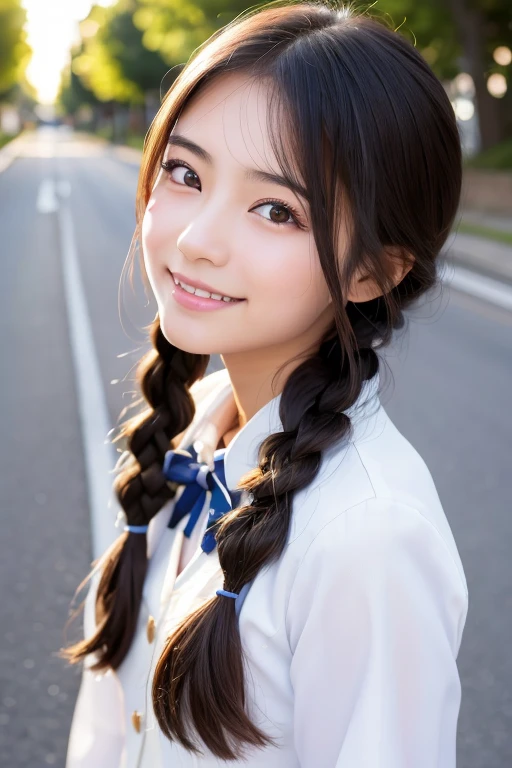 Cute 15 year old Japanese、on the road、Highly detailed face、Pay attention to the details、double eyelid、Beautiful thin nose、Sharp focus:1.2、Beautiful woman:1.4、Cute Hairstyles、Pure white skin、Highest quality、masterpiece、Ultra-high resolution、(Realistic:1.4)、Highly detailed and professional lighting、nice smile、Japanese school girl uniform