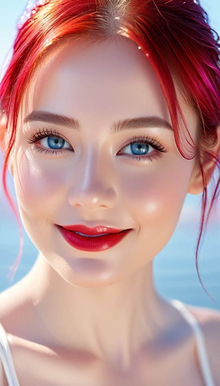 Photo taken from the waist up;
age from 18-20 years old;
detailed, ivory-white, rosy, shiny, glossy skin;
golden red hair, smooth, flowing in the sunlight, detailed;
blue eyes, seductive, ((sharp makeup)), realistic, ((wet)), detailed, pink eyeshadow;
two delicate eyelids, perfectly beautiful, detailed, black eyelashes;
curved, sparse, sharp, detailed eyebrows;
beautiful and perfect face, saintly, light makeup, perfectly proportioned, beautiful in every detail, ((shiny)), cosmetics;
beautiful, lovely, high, detailed nose;
Blush, prominent, detailed cheekbones;
seductive lips, glossy pink lips;
radiant smile, pure white teeth, details; Photo taken with Canon EOS R5 85mm f/11 Camera, ((sharp)) mode of people and surrounding scenery. Image quality ((8K)), ((lifelike)), ((masterpiece)), ((sharp and highest contrast)), ((great depth of field)), ((light stereolithography)).
((Pink hair)), ((high-end cosmetic makeup)), ((bright, radiant smile)), ((brilliant glossy red lipstick)), ((Ivory, white skin bright)), detailed pores, ((glossy skin)), ((Light shining directly on the face)), bright sunlight.