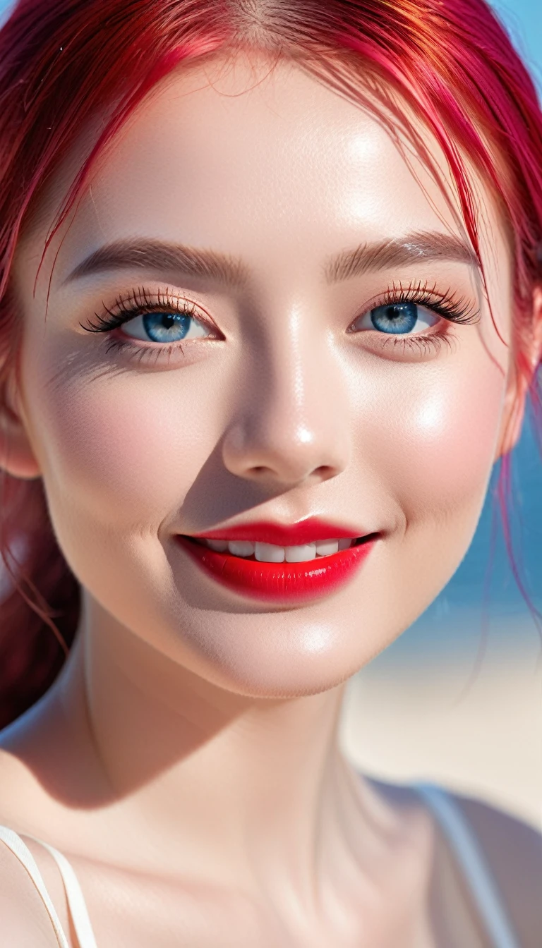 Photo taken from the waist up;
age from 18-20 years old;
detailed, ivory-white, rosy, shiny, glossy skin;
golden red hair, smooth, flowing in the sunlight, detailed;
blue eyes, seductive, ((sharp makeup)), realistic, ((wet)), detailed, pink eyeshadow;
two delicate eyelids, perfectly beautiful, detailed, black eyelashes;
curved, sparse, sharp, detailed eyebrows;
beautiful and perfect face, saintly, light makeup, perfectly proportioned, beautiful in every detail, ((shiny)), cosmetics;
beautiful, lovely, high, detailed nose;
Blush, prominent, detailed cheekbones;
seductive lips, glossy pink lips;
radiant smile, pure white teeth, details; Photo taken with Canon EOS R5 85mm f/11 Camera, ((sharp)) mode of people and surrounding scenery. Image quality ((8K)), ((lifelike)), ((masterpiece)), ((sharp and highest contrast)), ((great depth of field)), ((light stereolithography)).
((Pink hair)), ((high-end cosmetic makeup)), ((bright, radiant smile)), ((brilliant glossy red lipstick)), ((Ivory, white skin bright)), detailed pores, ((glossy skin)), ((Light shining directly on the face)), bright sunlight.