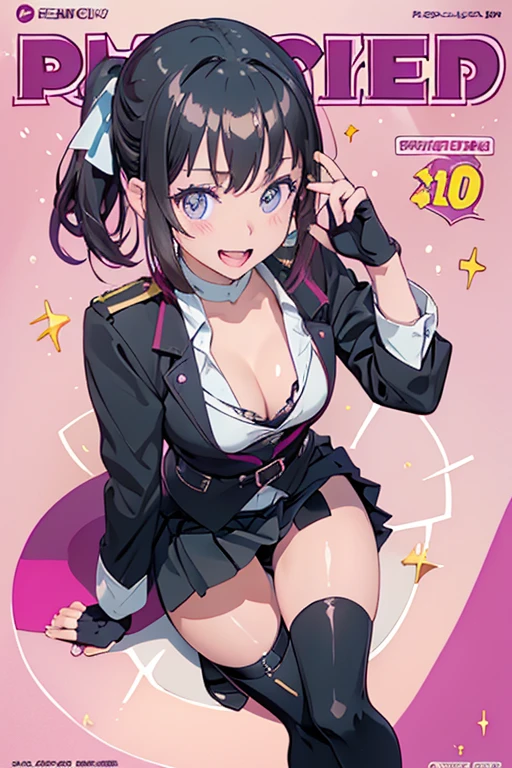 1 girl, small nose, very beautiful detailed face and eyes, bright colors, cute face, delicate beautiful face, Bright magenta eyes, cute eyes, sparkling eyes, Big eyes, (small breasts:1.3), (perky chest:1.1), (pointed chest:1.0), (puddyng magazine cover:1.3),highest quality, WorKs of masters, High resolution,BlacK color hair,shiny hair, side ponytail,hair between eyes,bangs, (black jacket, real clothes, cleavage, black skirts, black thighhighs, thigh strap, fingerless gloves, single glove:1.2) , spread legs, panties shot, medium hips, glamorous body, white skin, smile, thin pubric hair, super beautiful face, Super beautiful eyes, Super beautiful hair,trendy outfit,sexy and attractive,full body esbian, Real World, Natural light,perfect Natural light,(with sparkling eyes and a contagious smile), This masterpiece is not only visually stunning but also tells, make of cake cooking , in the kitchen, open mouth, looking at viewer,