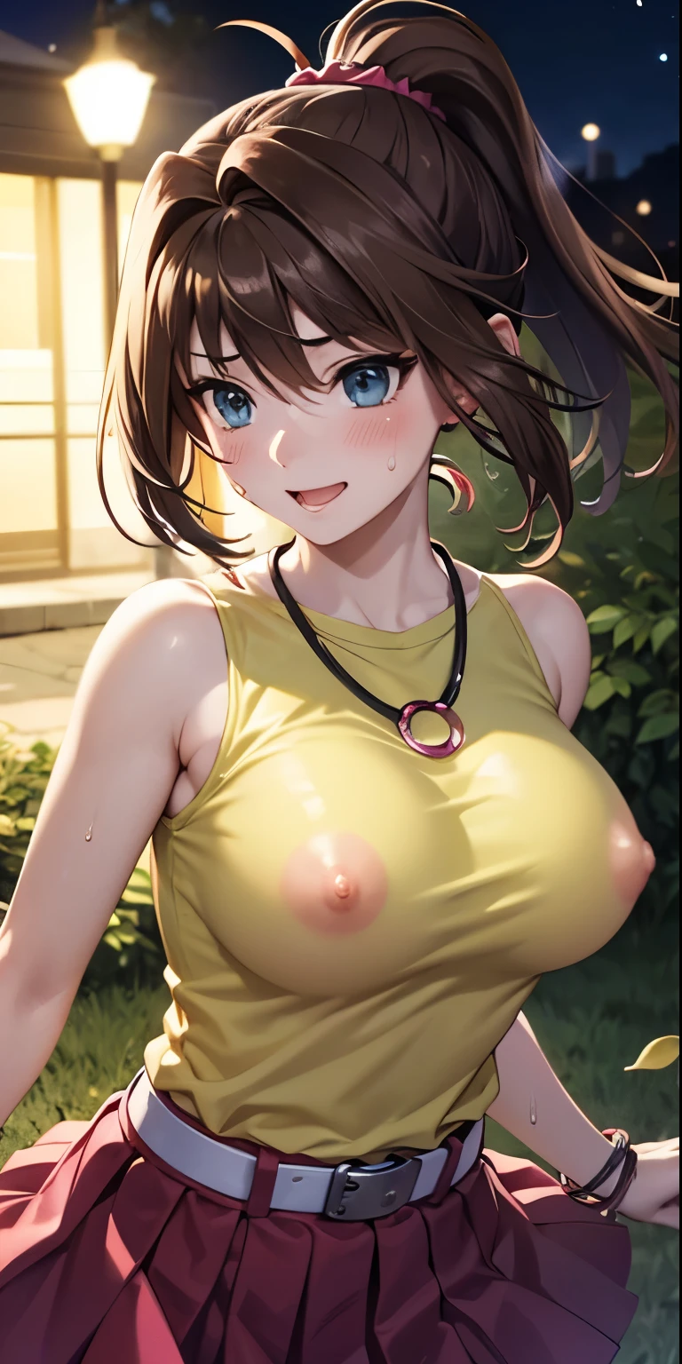 1 Female,High definition,high resolution,Ultra-realistic,8K, 8K, bbmazaki, ponytail, hair scrunchie, necklace,( yellow shirt), sleeveless, bracelet, belt, pink skirt, tight skirt, miniskirt,European,sexy,Upper body close-up,Photographed from the front,Dynamic Angles,(blush), (big tits ), happy, wink the eye,facial, sweat, outdoors, moonlight, night ,leaf , windy,tree background , nipples 