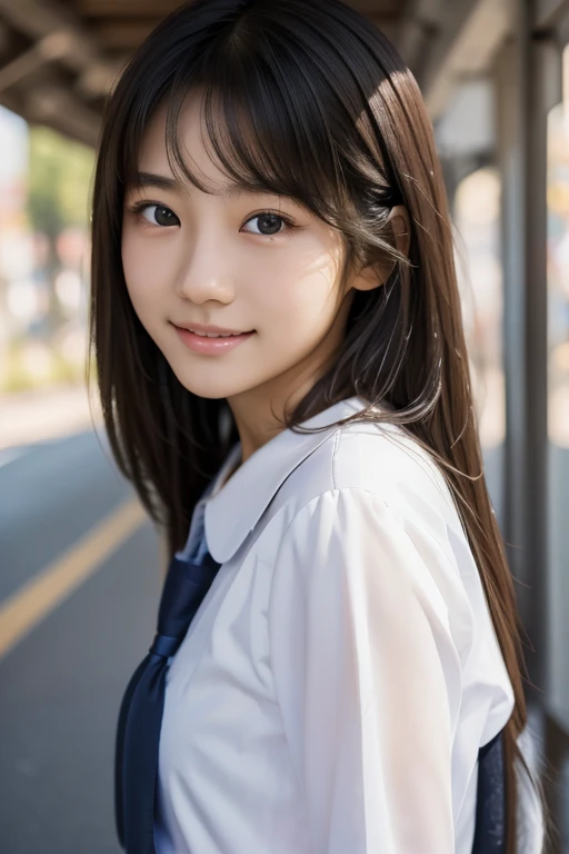 Cute 15 year old Japanese、on the road、Highly detailed face、Pay attention to the details、double eyelid、Beautiful thin nose、Sharp focus:1.2、Beautiful woman:1.4、Cute Hairstyles、Pure white skin、Highest quality、masterpiece、Ultra-high resolution、(Realistic:1.4)、Highly detailed and professional lighting、nice smile、Japanese school girl uniform