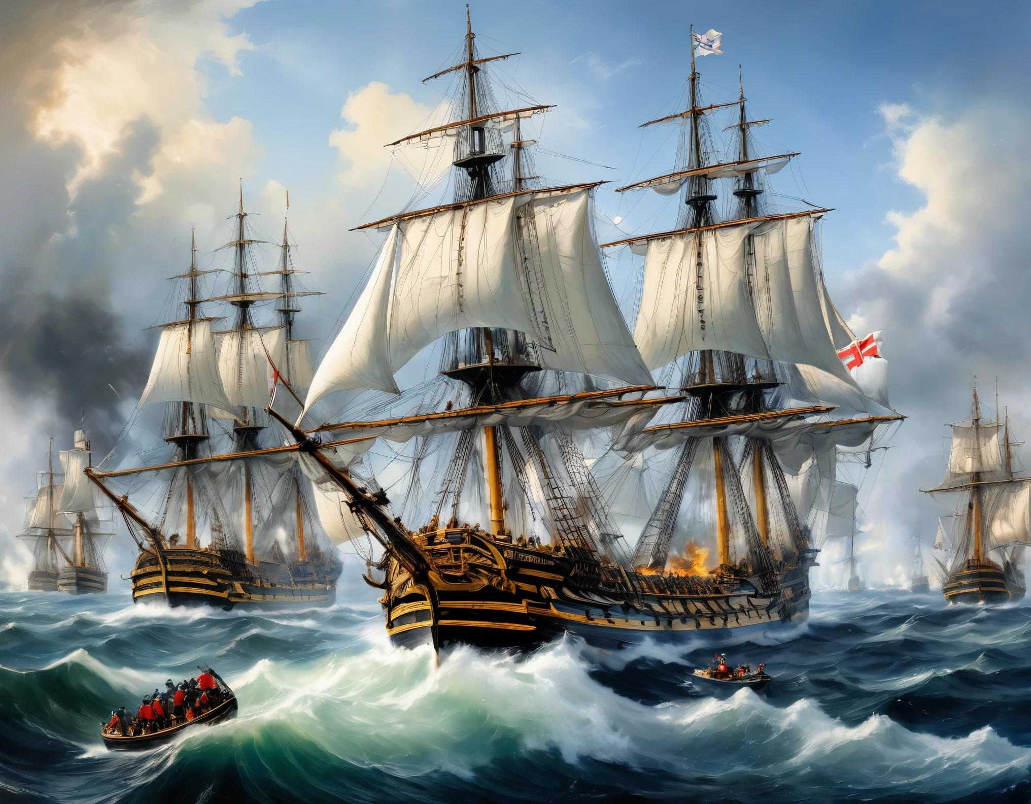 (8k, Highest quality, masterpiece)，{Realistic, RAW Photos, Super Fine Clear, Impressionist painting, (Impressionist paintingの影響を受けた, Battle of Trafalgar:1.6)}, Medieval naval battles, The British Navy defeats the Spanish Armada, Deadly Combat, Fierce Battle, Heat,, Vibrant