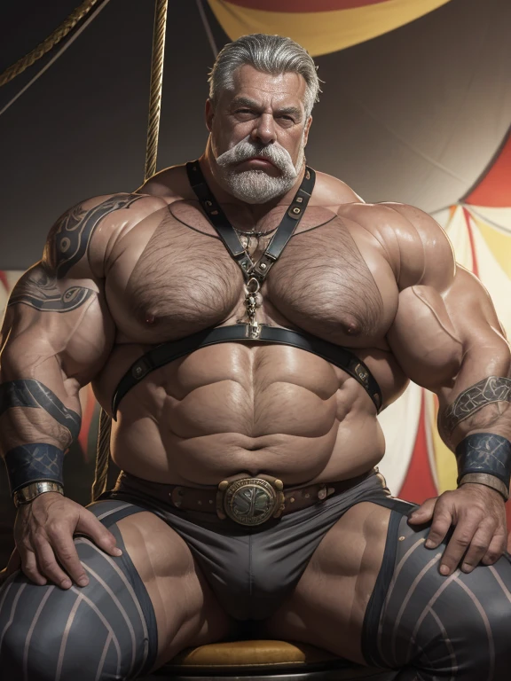 Hyperrealistic image of a very old and very sweaty Steampunk superhero trapeze man, very gray-haired bodybuilder over 80 years old, very muscular and fat more than 200 kilos, bare-chested, large flabby pectorals, tattooed, huge brown , gray mustaches, wearing striped tights, sitting on a trapeze hanging from the ceiling of a circus tent