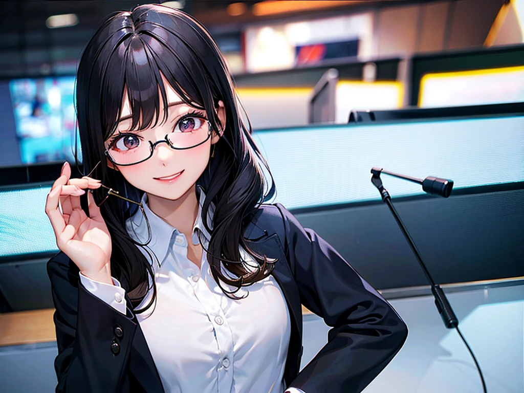 Editor, Glasses, Beautiful and smiling, Cute smile, Beautiful Korean Women, Beautiful smile, work, interview, microphone, Office Lady, suit, is working, Smiling Kindly, A slightly cute smile, , work熱心, interview, microphone, OL, masterpiece, ultra detailed, woman, smart, noisy, nervous, amazed, Wink, bob, black hair