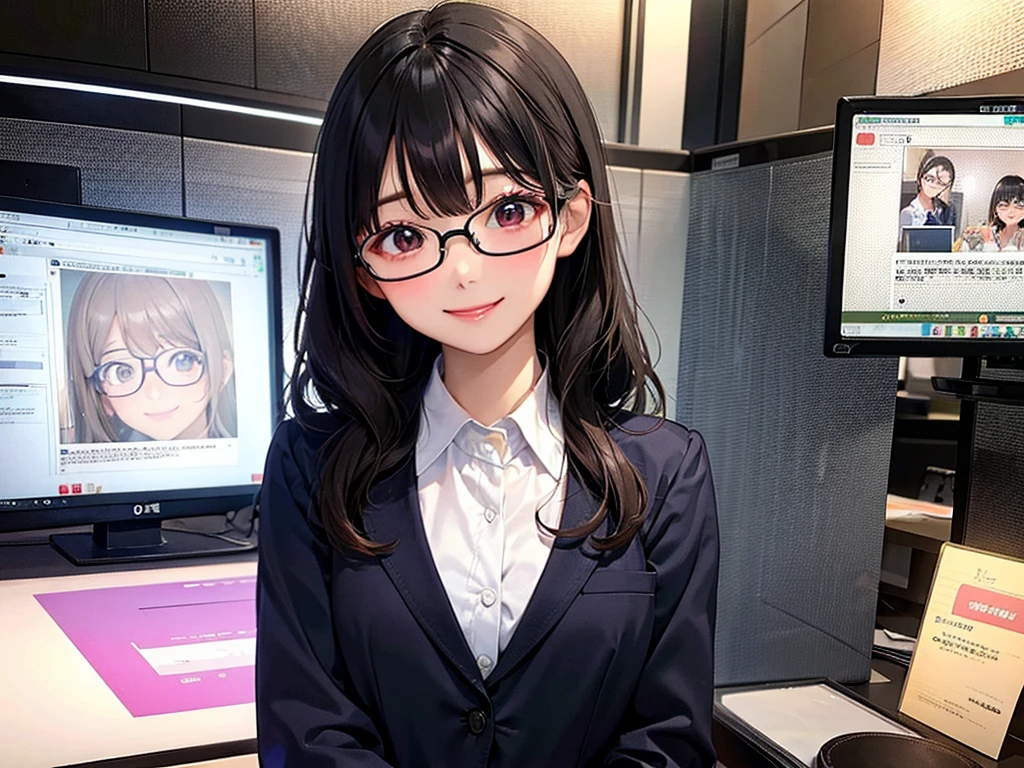 Editor, Glasses, Beautiful and smiling, Cute smile, Beautiful Korean Women, Beautiful smile, work, interview, microphone, Office Lady, suit, is working, Smiling Kindly, A slightly cute smile, , work熱心, interview, microphone, OL, masterpiece, ultra detailed, woman, smart, noisy, nervous, amazed, Wink, bob, black hair