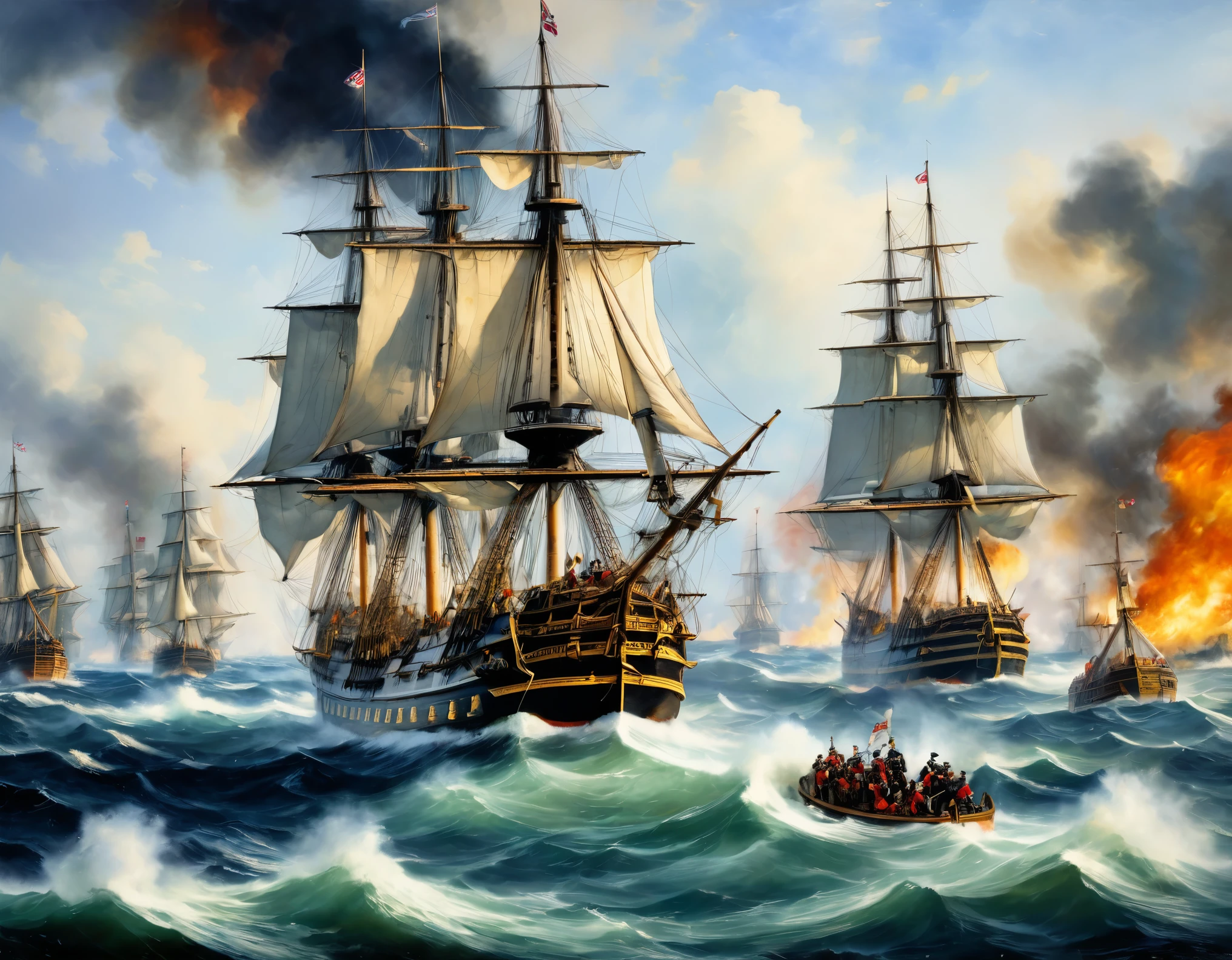 (8k, Highest quality, masterpiece)，{Realistic, RAW Photos, Super Fine Clear, Impressionist painting, (Impressionist paintingの影響を受けた, Battle of Trafalgar:1.6)}, Medieval naval battles, The British Navy defeats the Spanish Armada, Deadly Combat, Fierce Battle, Heat,, Vibrant