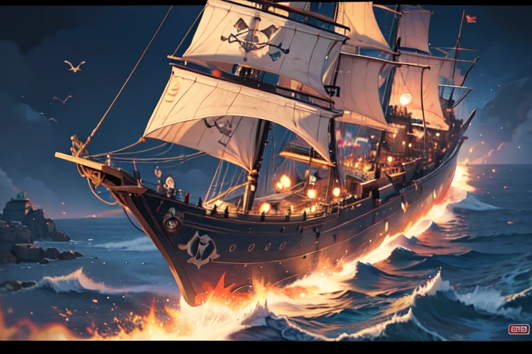 woman, Pirate with sword, Pirate War, Pirate Flag, Broken ship, fierce fighting, Ship deck, inflammation, cigarette, Brave Leader, anchor, spark, Artillery fire,