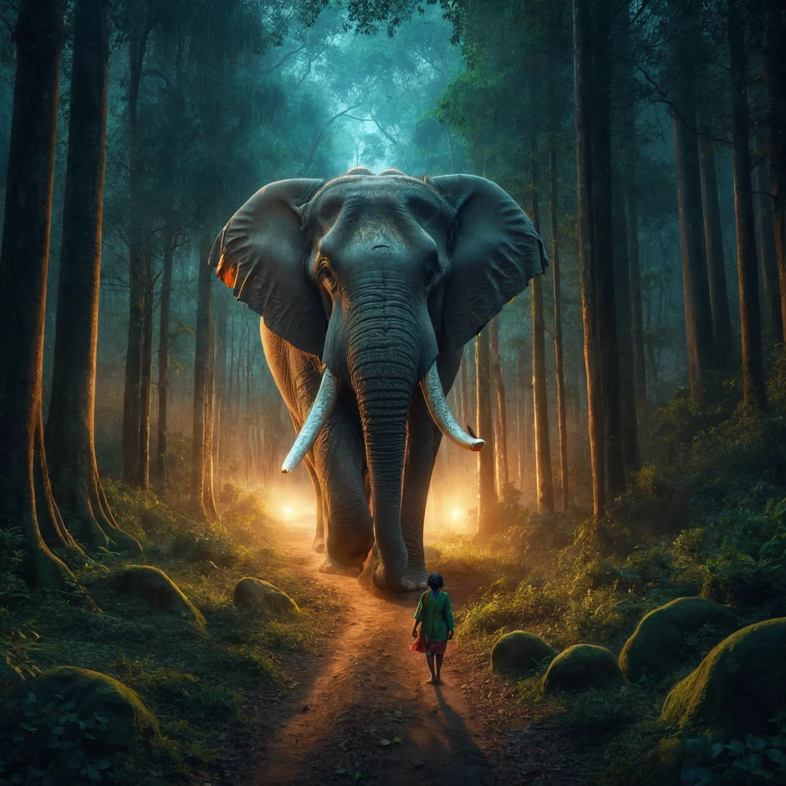 a whild elephant sitting in the jungle, thick dark forest, leaves, plants tall trees everywhere, a indian old women standing near elephant legs, holding a kid on hands. old women should be more detailed. skin tones detailed, wearing a saree. can u make old women and holding ??? little more bigger. closeup photo with. bigg old women