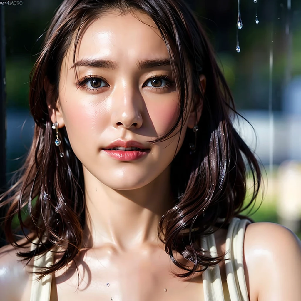 (Highest quality, 4K, masterpiece :1.3), Beautiful woman, One girl, (chest, Attractive body :1.2), Abdominal muscles :1.1, Dark brown hair: 1.1, (It rained and I got wet, Raindrops, Wet body :1.2), Highly detailed face, Detailed lips, Detailed eyes, double eyelid,Fair skin,Beautiful big breasts,tall,Half Japanese and half Russian,Only one woman