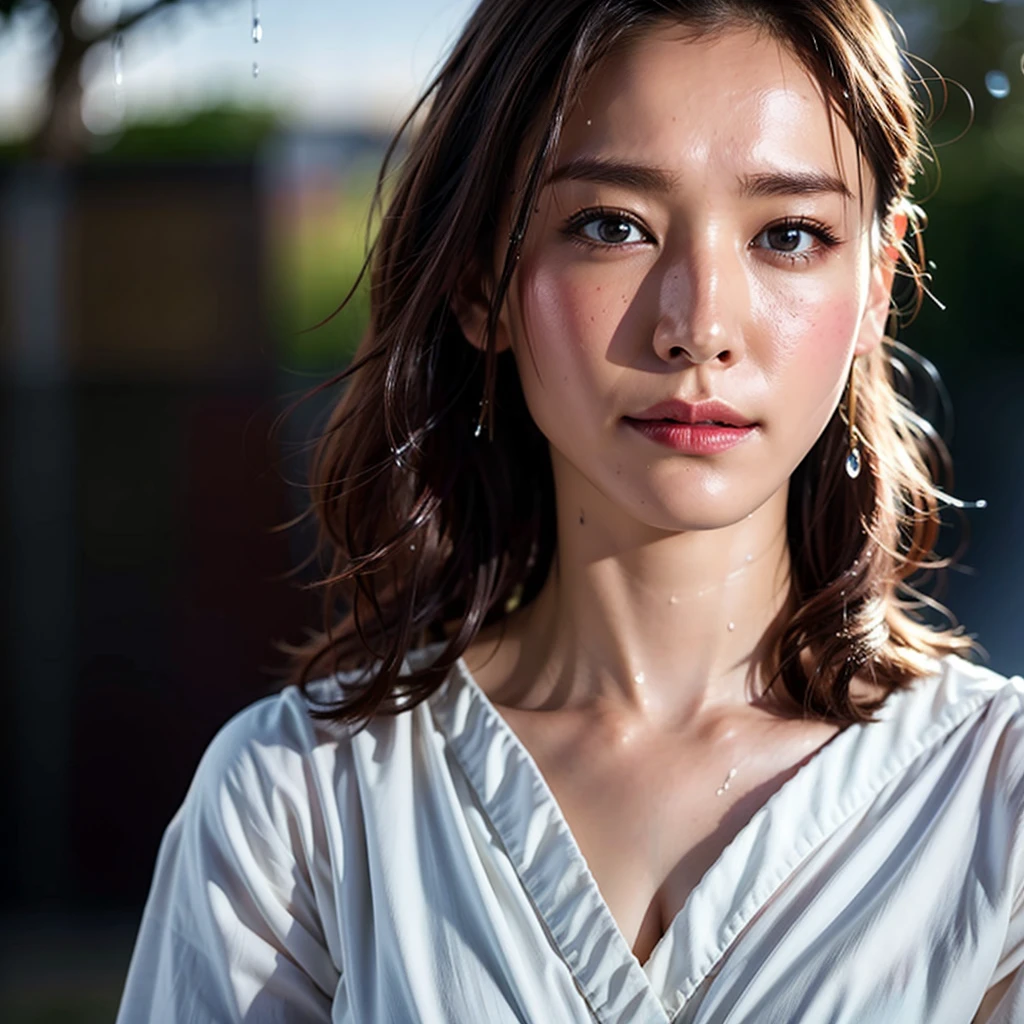(Highest quality, 4K, masterpiece :1.3), Beautiful woman, One girl, (chest, Attractive body :1.2), Abdominal muscles :1.1, Dark brown hair: 1.1, (It rained and I got wet, Raindrops, Wet body :1.2), Highly detailed face, Detailed lips, Detailed eyes, double eyelid,Fair skin,Beautiful big breasts,tall,Half Japanese and half Russian,Only one woman