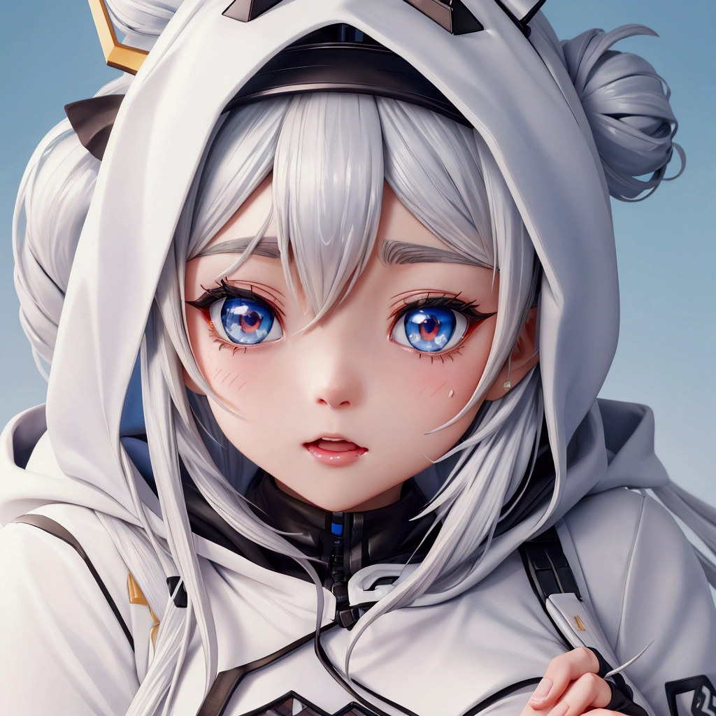 Anime girl with long hair and blue eyes wearing a white hoodie, from Girls' Frontline, The finer details. Girls' Frontline, from Arknights, Girls' Frontline style, Girls' Frontline universe, Girls' Frontline, Girls' Frontline cg, shikamimi, Arknights, Ahegao face, Ahegao, Girl with white eyes, Azur Lane Characters, wife, Azur Lane Style