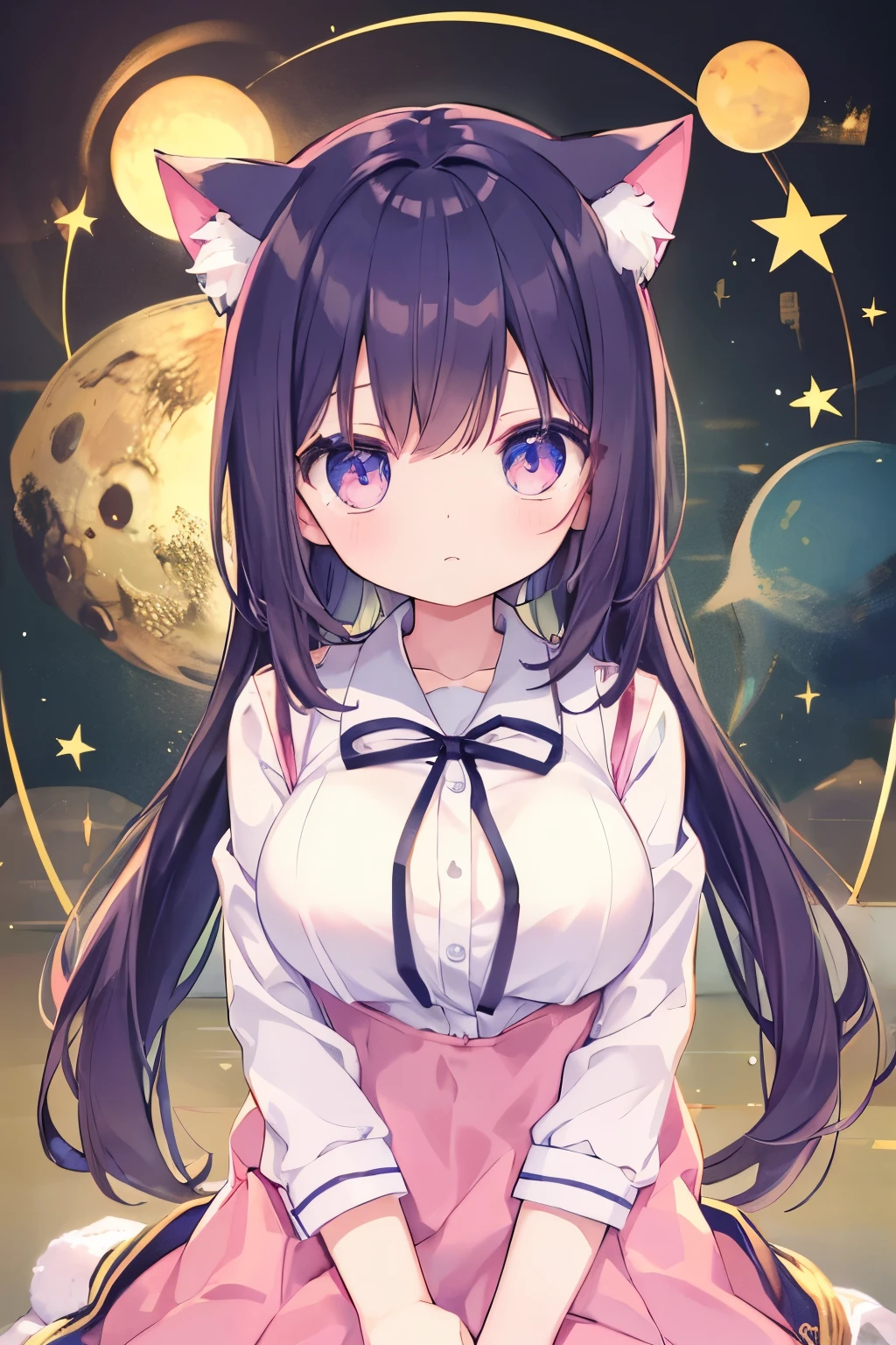 Navy uniform、Elementary school girl、***************,Pink shortcuts,Very beautiful and Shining Eyes、Shining Eyes、1 girl、Large Breasts、Cat ear、