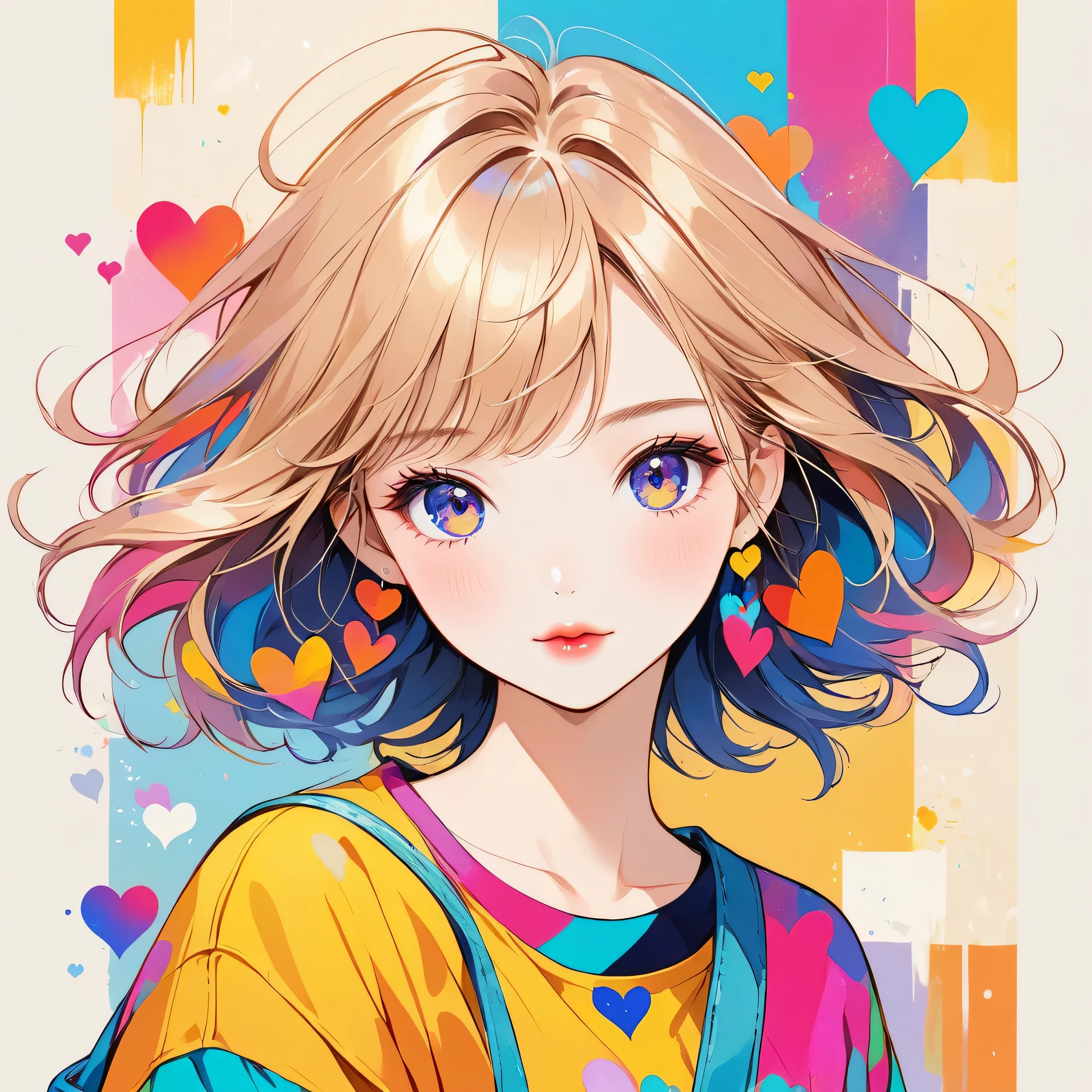Micho colorful style, Simple Line Initialism,Abstract art,Urban Background, (((The most beautiful girl of all time))), Sweet face. Lips in love, colorful hearts, stylish design