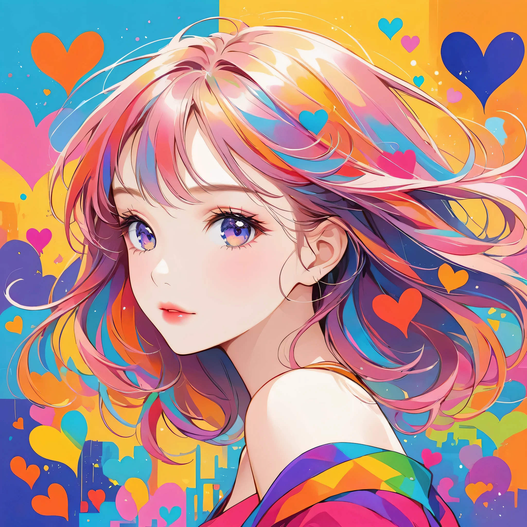 Micho colorful style, Simple Line Initialism,Abstract art,Urban Background, (((The most beautiful girl of all time))), Sweet face. Lips in love, colorful hearts, stylish design