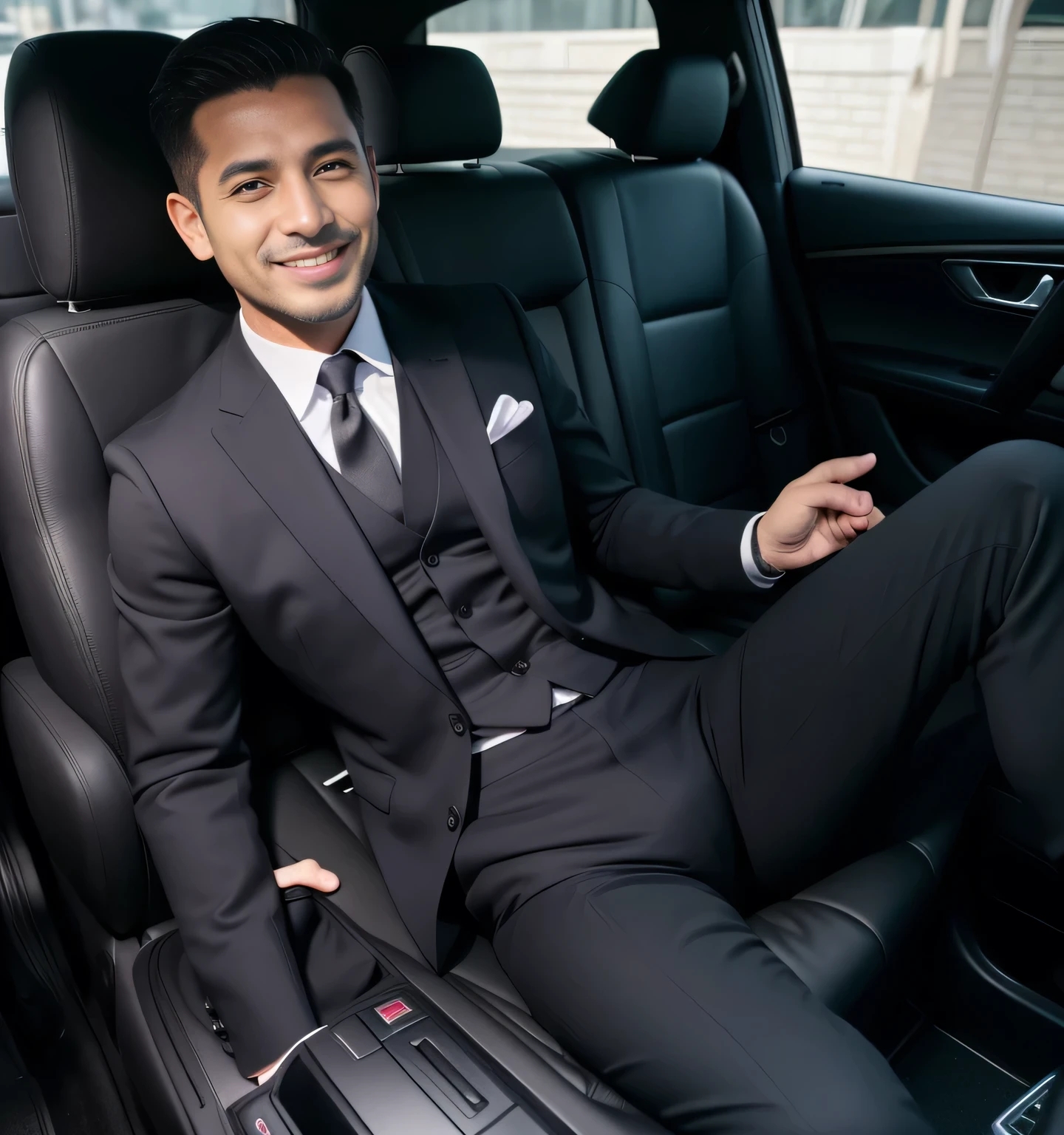 40 years old,One Man,、Iraqi　Black Suit、Inside the car、,logic,Gay ,Very short hair,Stubble,Cool handsome guy、legs wide open、The crotch area is bulging。Inflated、smile
